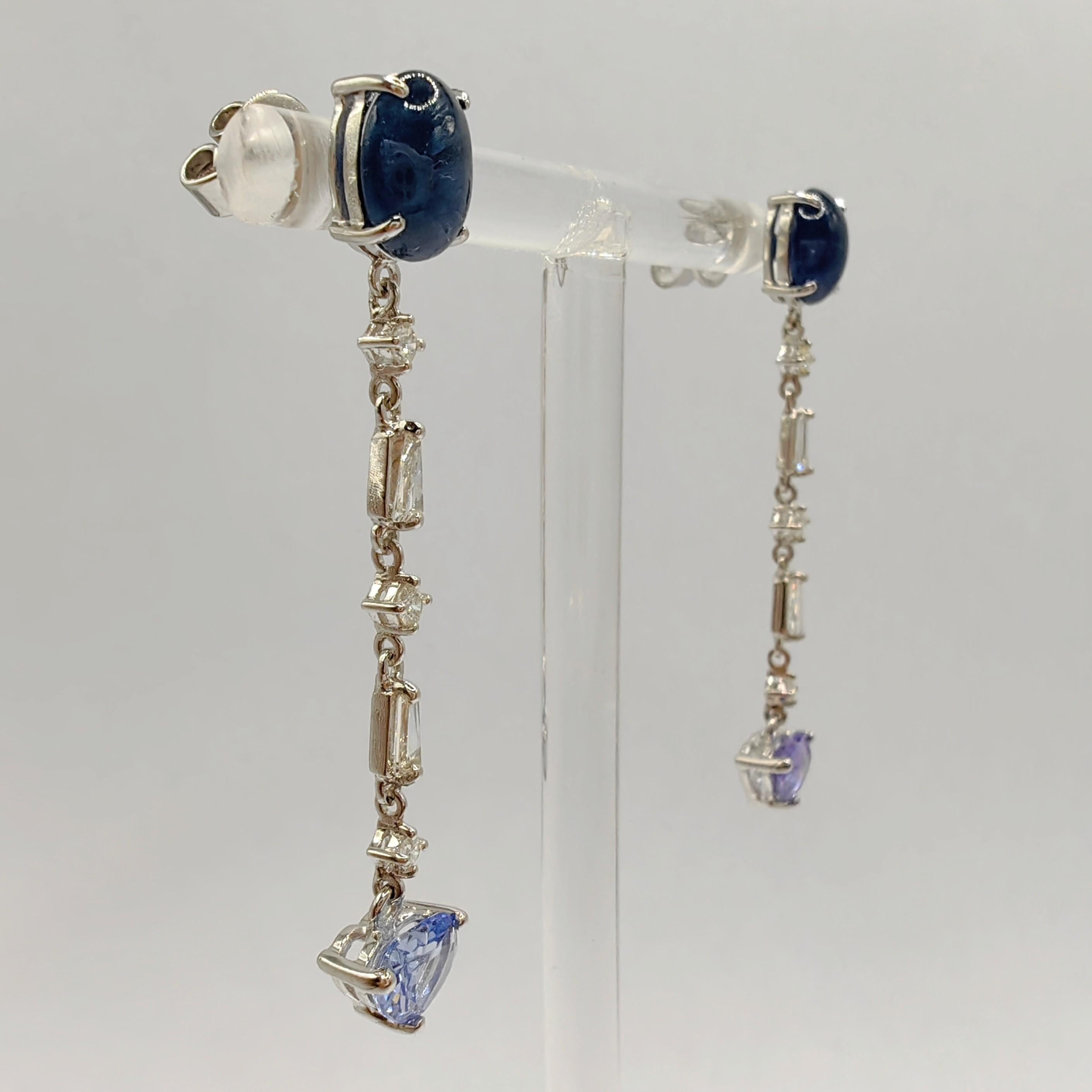 Heart Cut Mixed Color & Cut Sapphire Diamond Dangling Drop Earrings in 18K White Gold For Sale