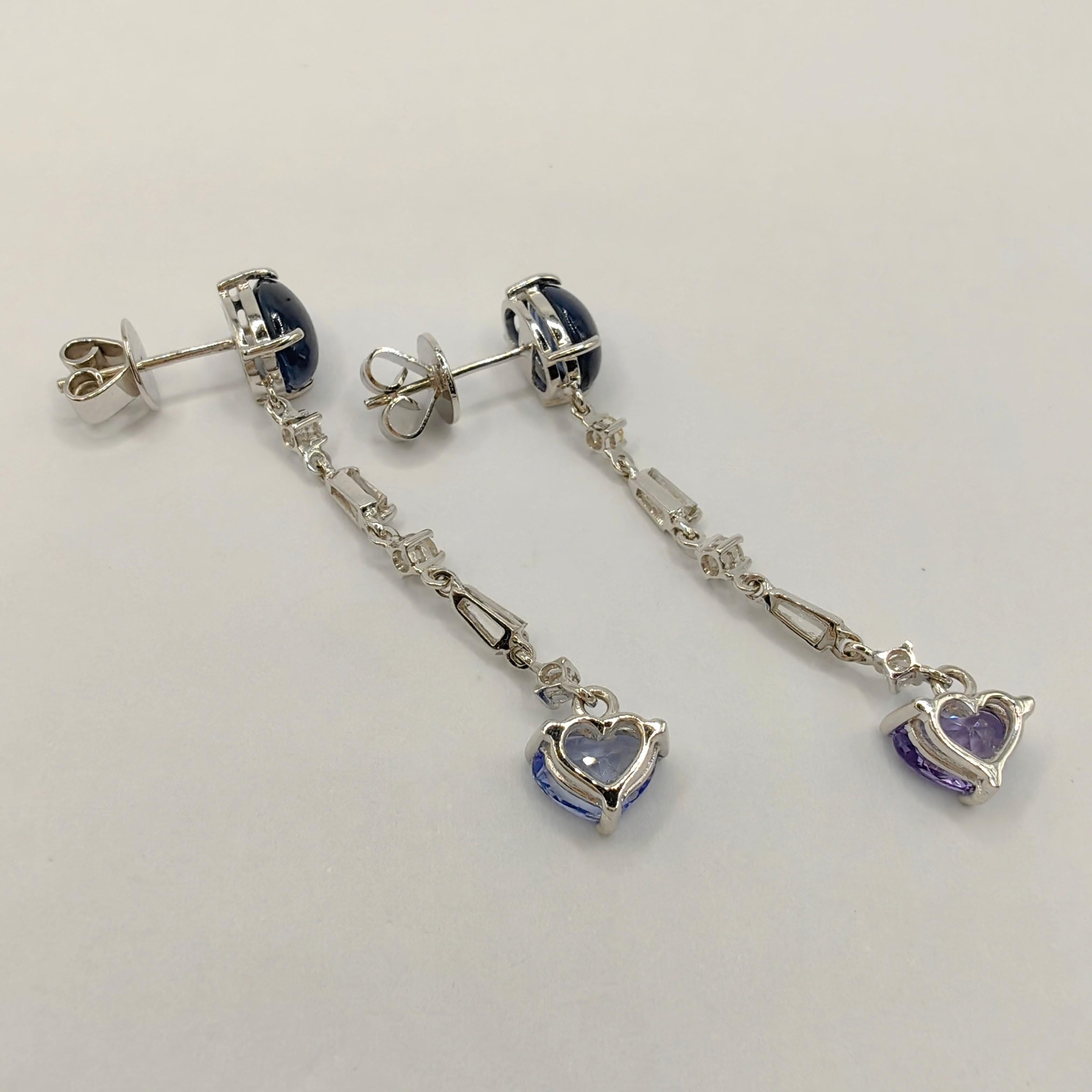 Mixed Color & Cut Sapphire Diamond Dangling Drop Earrings in 18K White Gold For Sale 1