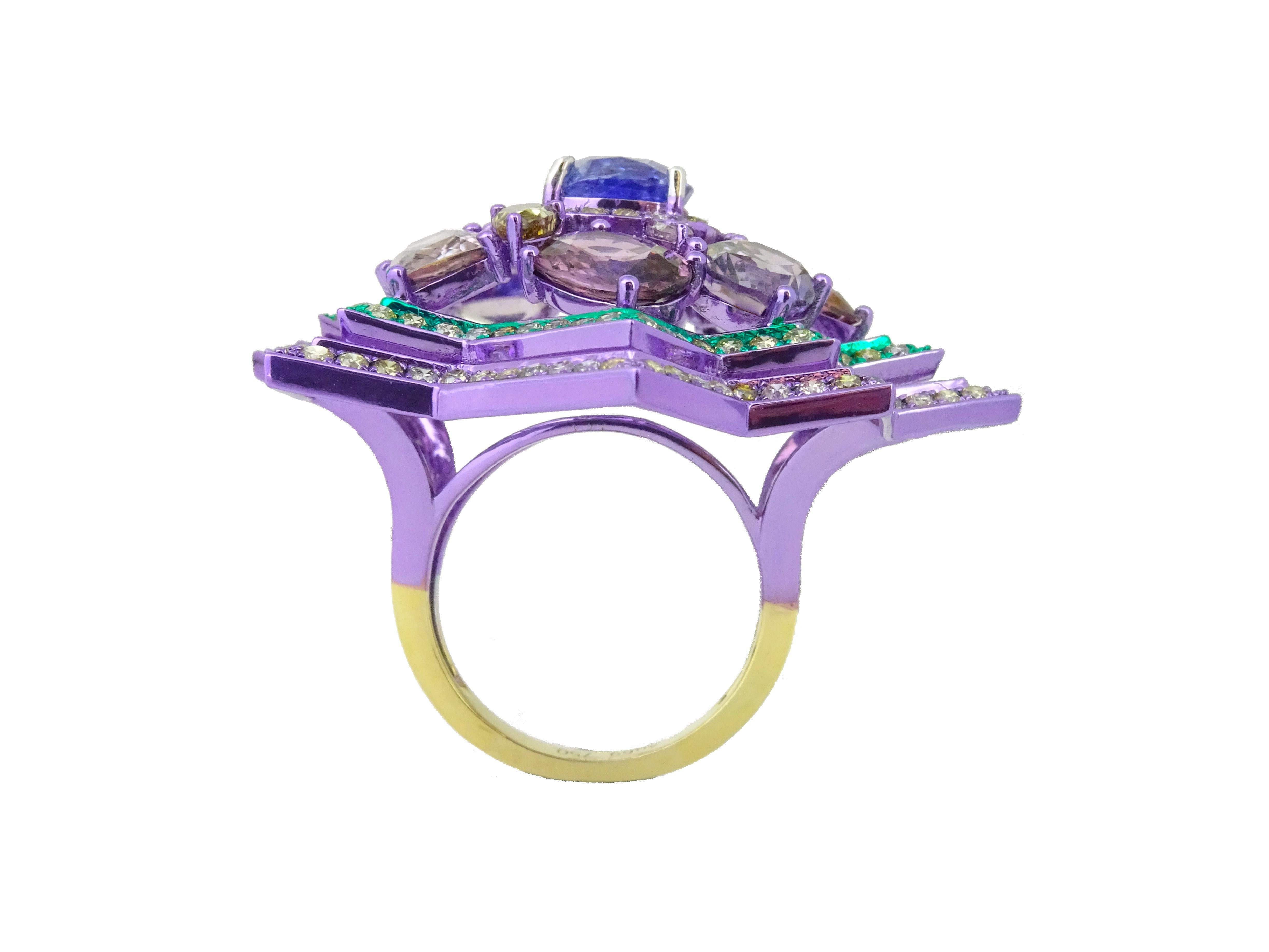 The Pop-Star of Whaam Ring from 'The Poetry of Art Collection' by Austy Lee. This brand new ring is set with Natural Sri Lankan Blue Sapphire, Purple Sapphires and Diamonds on green and purple-color plated 18K Yellow Gold.

Product Details:
Diamond