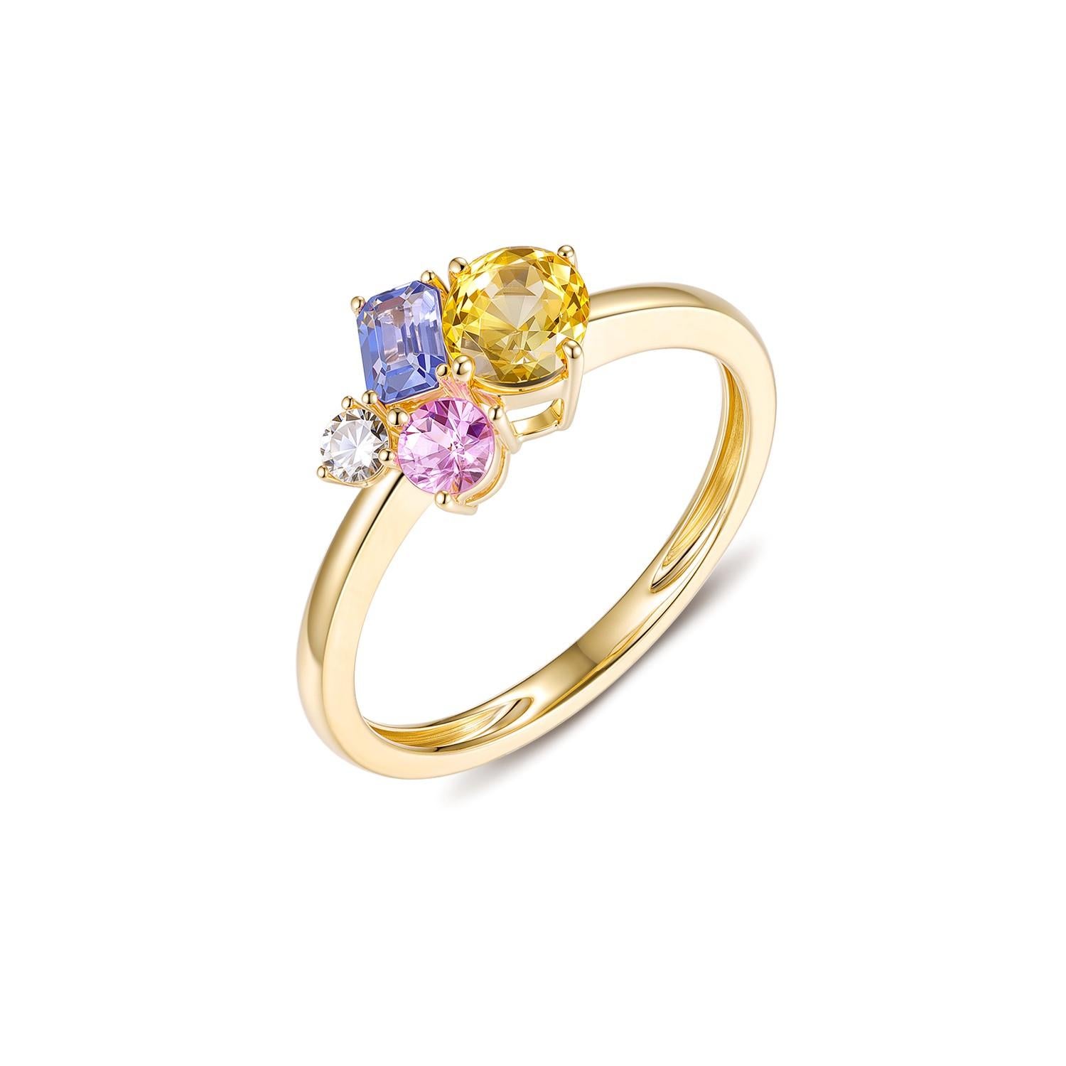 Anillo en racimo de diamantes con zafiro fantasía de corte mixto de 1,29 CT en oro amarillo de 14 quilates en Nuevo estado para la venta en Hong Kong, HK