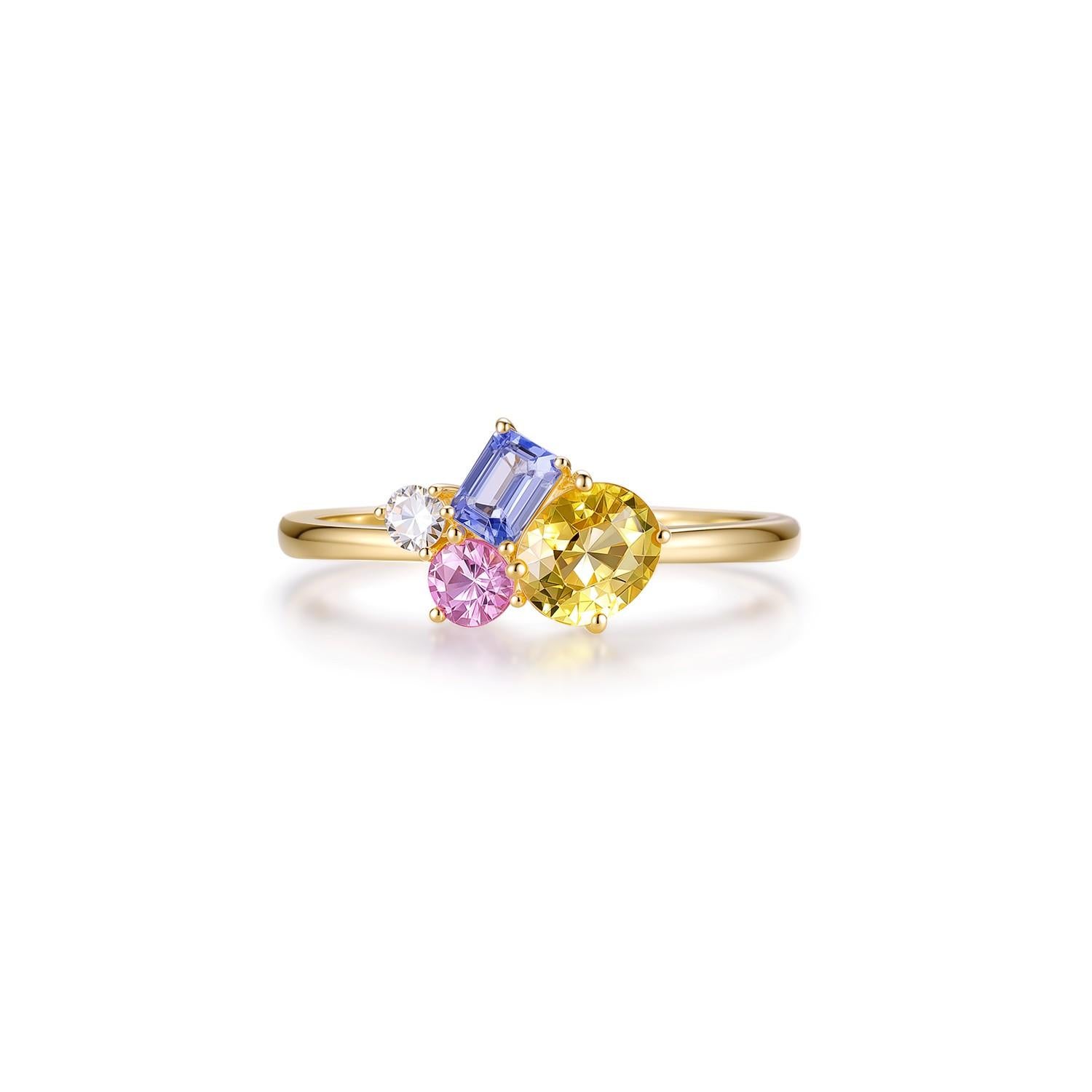 De las mujeres Anillo en racimo de diamantes con zafiro fantasía de corte mixto de 1,29 CT en oro amarillo de 14 quilates en venta