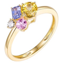 Anillo en racimo de diamantes con zafiro fantasía de corte mixto de 1,29 CT en oro amarillo de 14 quilates