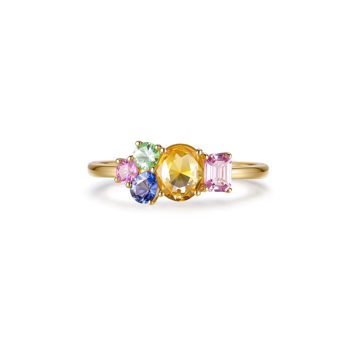 Art déco Bague en or jaune 14 carats avec saphir fantaisie de 1,47 carat de taille mixte en vente