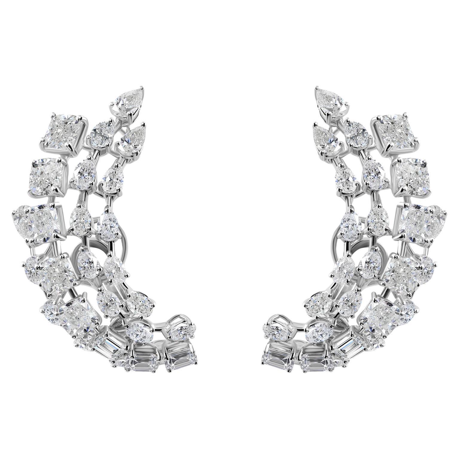 Natural Diamond Ear Climber Earrings 15.01 Carats in 18K White Gold