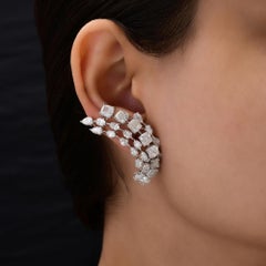 15 Carat Natural Diamond Multi Cut Ear Climber Cuff Earrings 14k White Gold