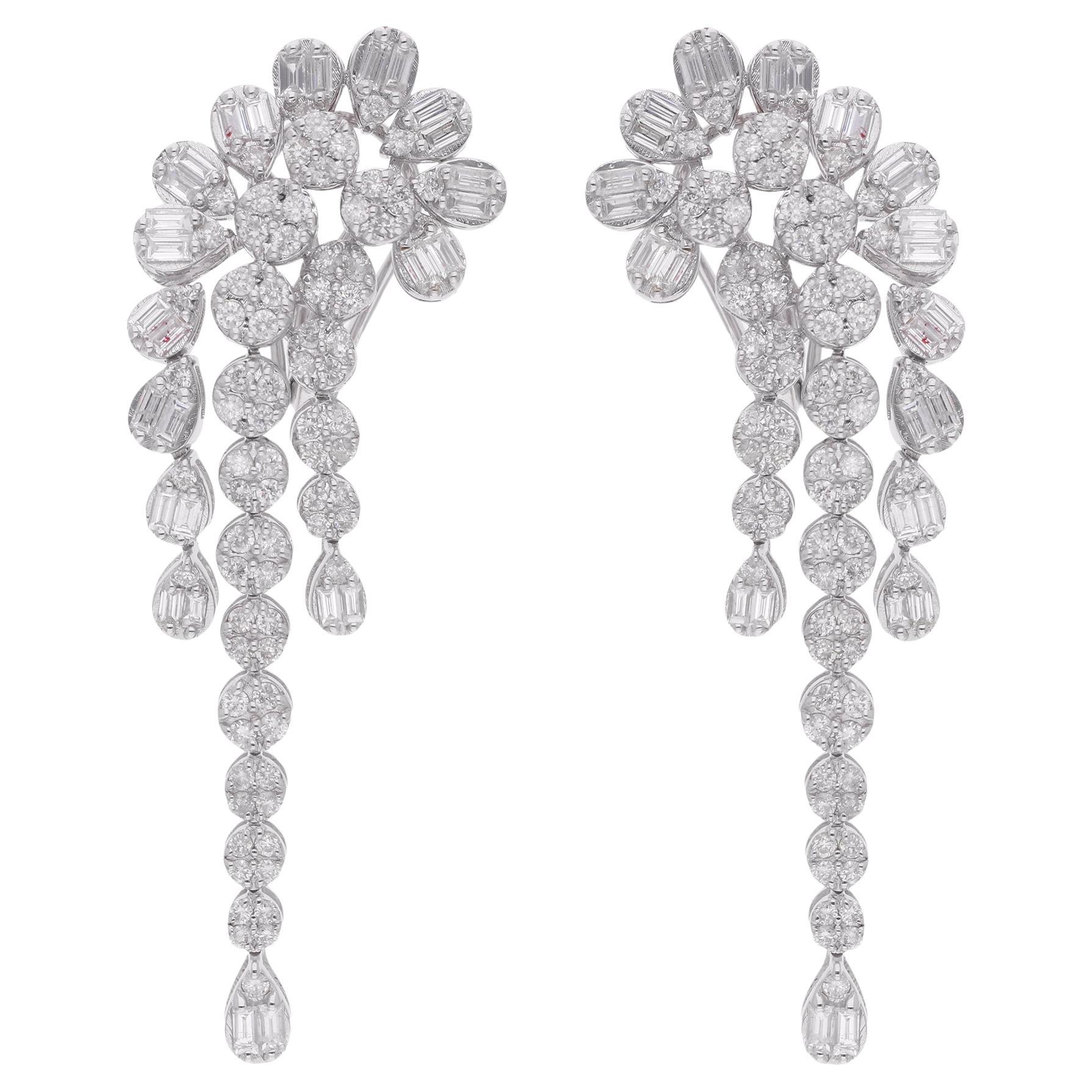 Mixed Cut 2.45 Carat SI/H Diamond Cluster Dangle Drop Earrings 18K White Gold
