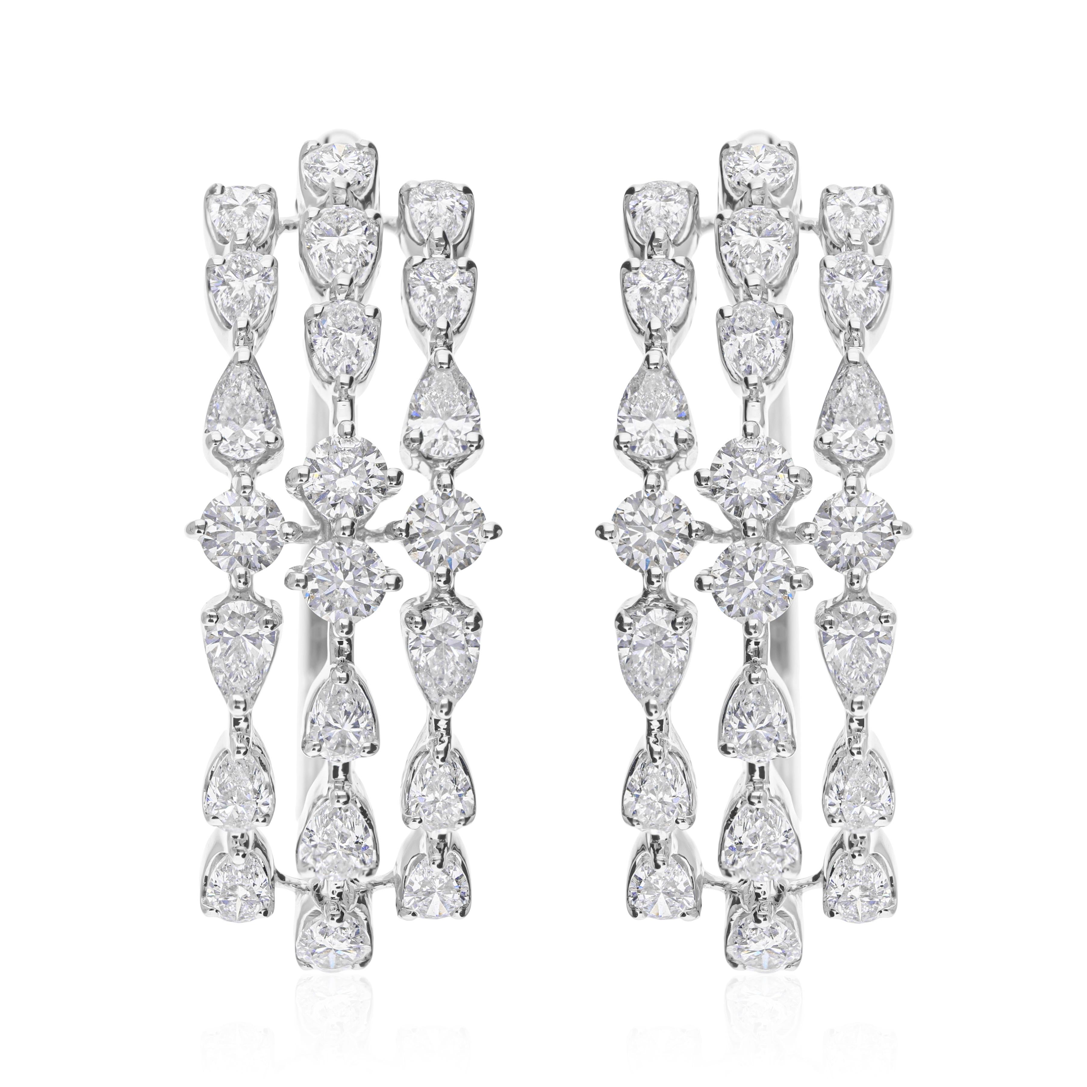 Gemischter Schliff 3,55 Karat echter Diamant Dreifach-Reifen-Ohrringe 14 Karat Weißgold im Angebot 5