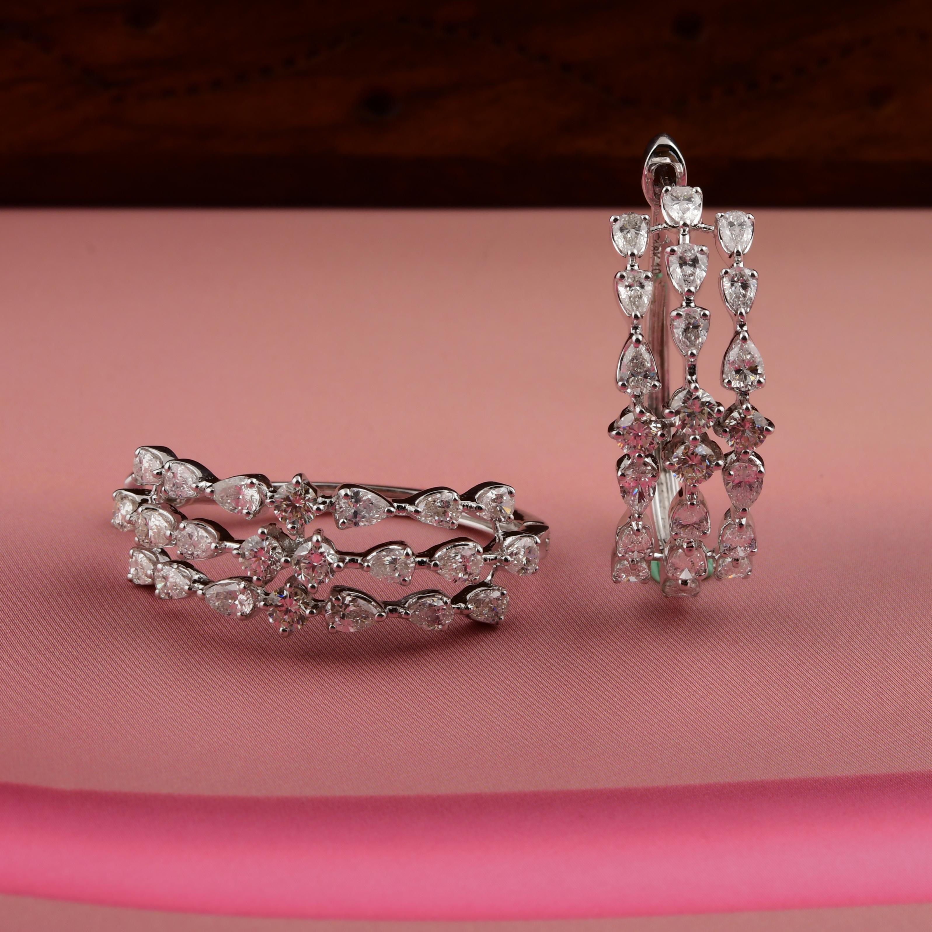 Gemischter Schliff 3,55 Karat echter Diamant Dreifach-Reifen-Ohrringe 14 Karat Weißgold (Modernistisch) im Angebot