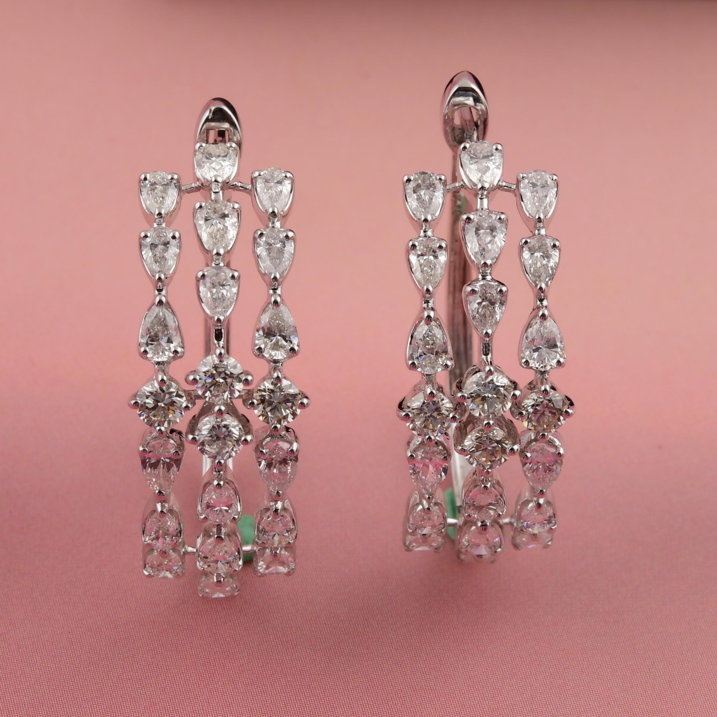 Gemischter Schliff 3,55 Karat echter Diamant Dreifach-Reifen-Ohrringe 14 Karat Weißgold im Angebot 1