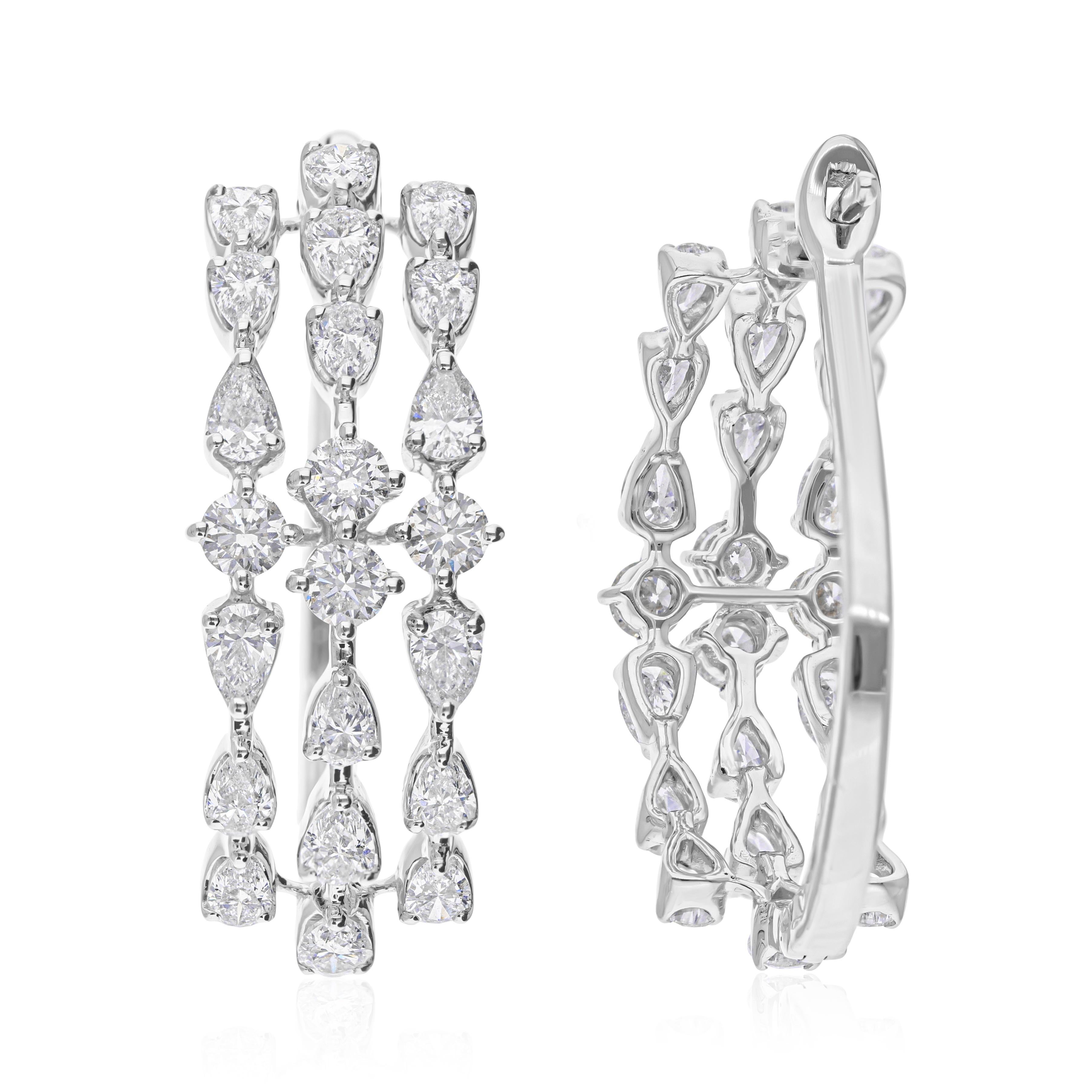 Gemischter Schliff 3,55 Karat echter Diamant Dreifach-Reifen-Ohrringe 14 Karat Weißgold im Angebot 3