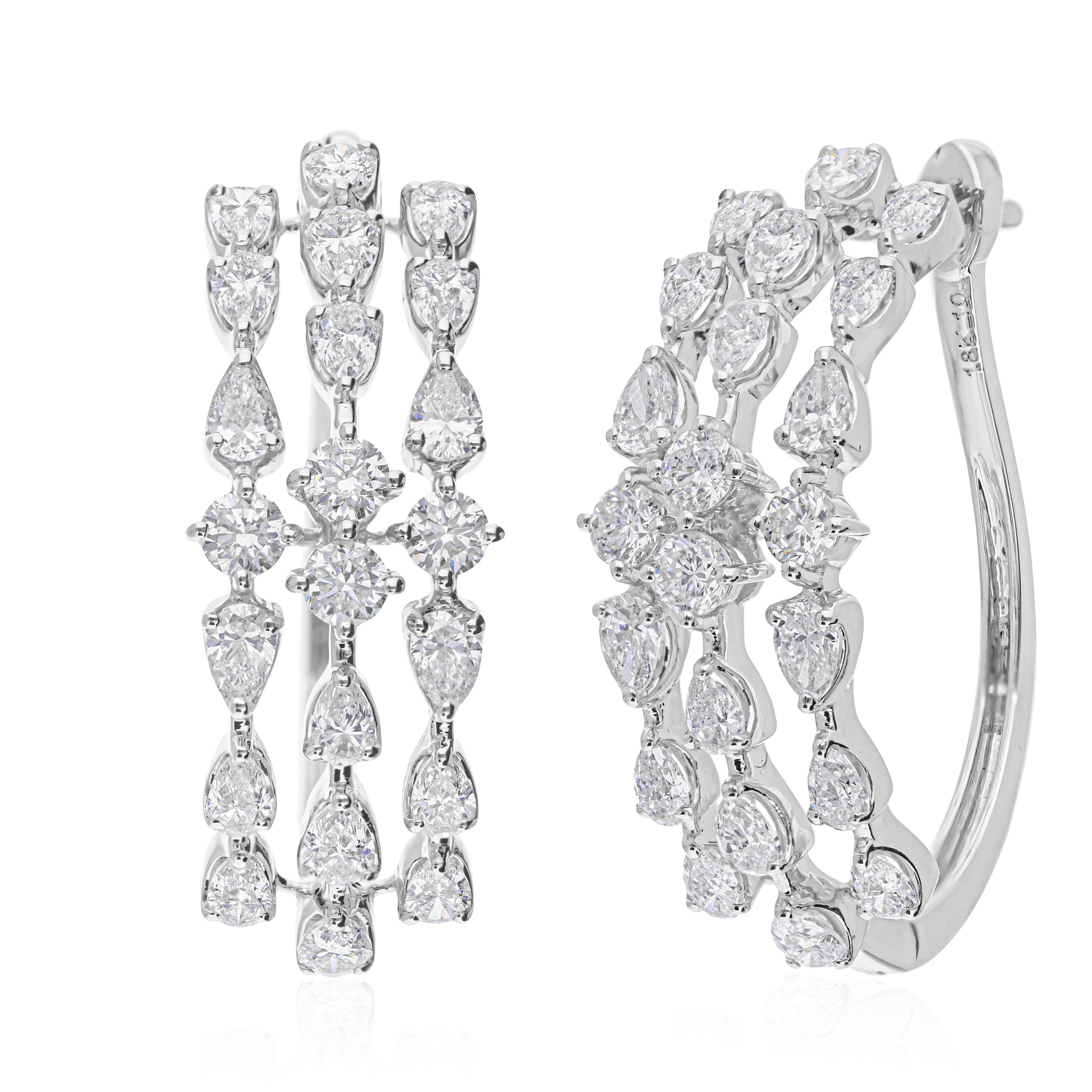 Gemischter Schliff 3,55 Karat echter Diamant Dreifach-Reifen-Ohrringe 14 Karat Weißgold im Angebot 4