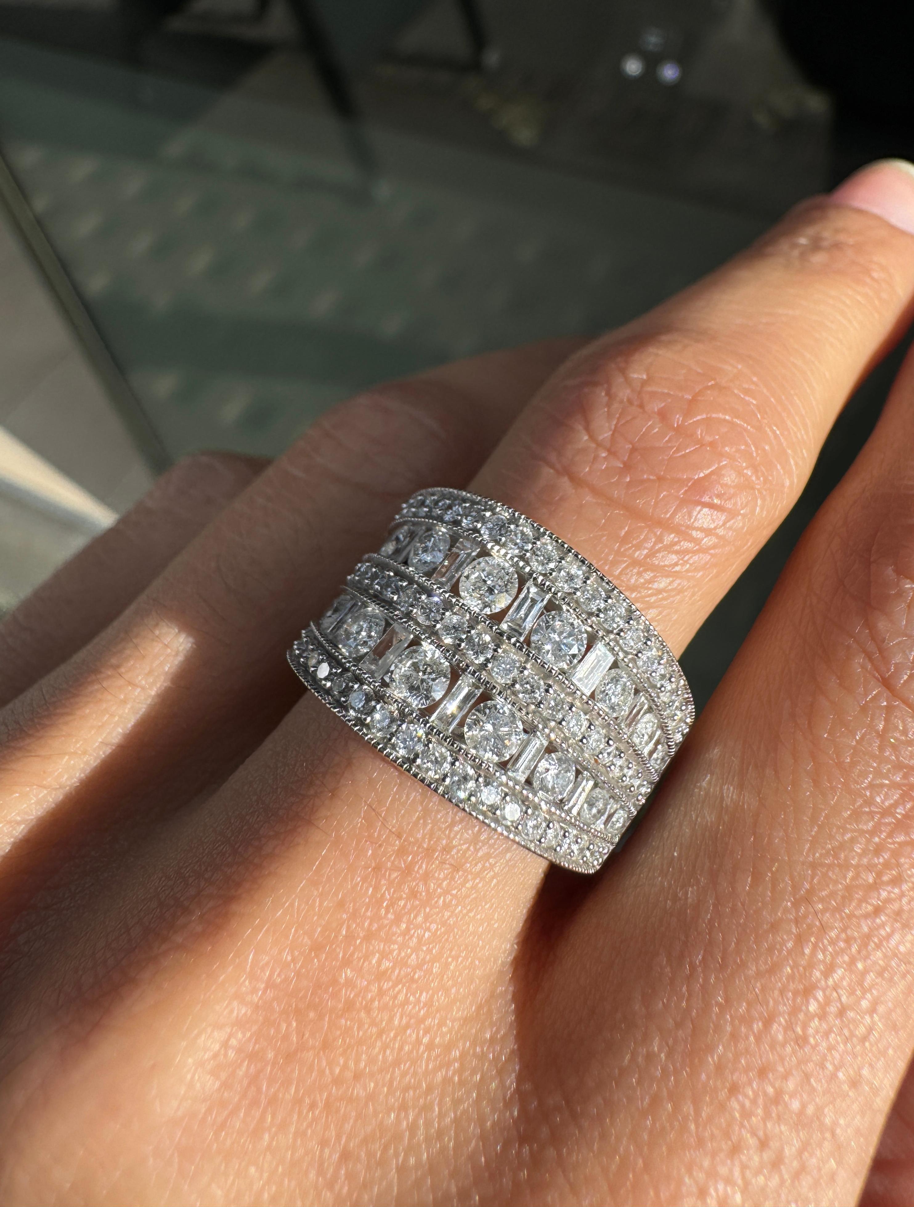 Brilliant Cut Mixed Cut Diamond 14 Carat White Gold Tapered Wide Band Cocktail Ring For Sale