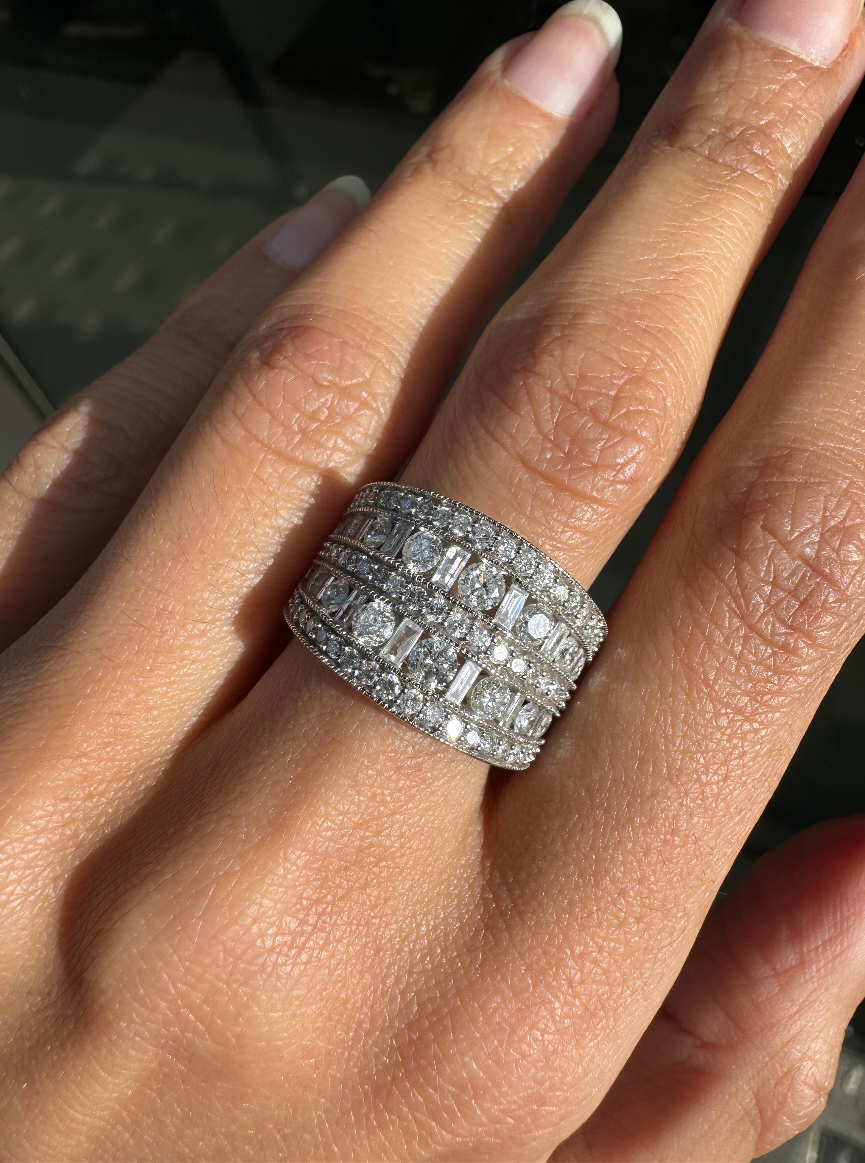 Mixed Cut Diamond 14 Carat White Gold Tapered Wide Band Cocktail Ring In Excellent Condition For Sale In London, GB