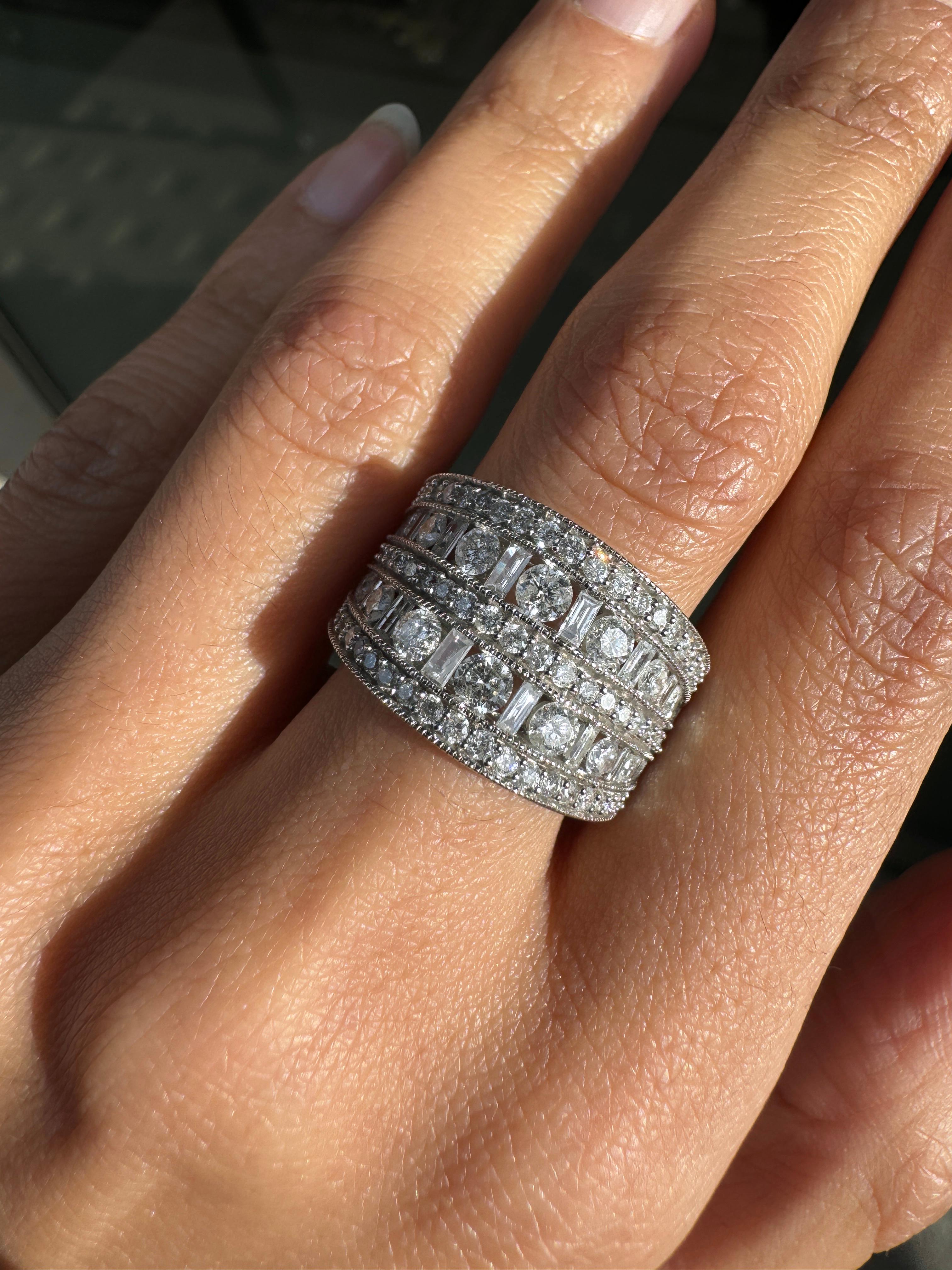 Women's or Men's Mixed Cut Diamond 14 Carat White Gold Tapered Wide Band Cocktail Ring For Sale