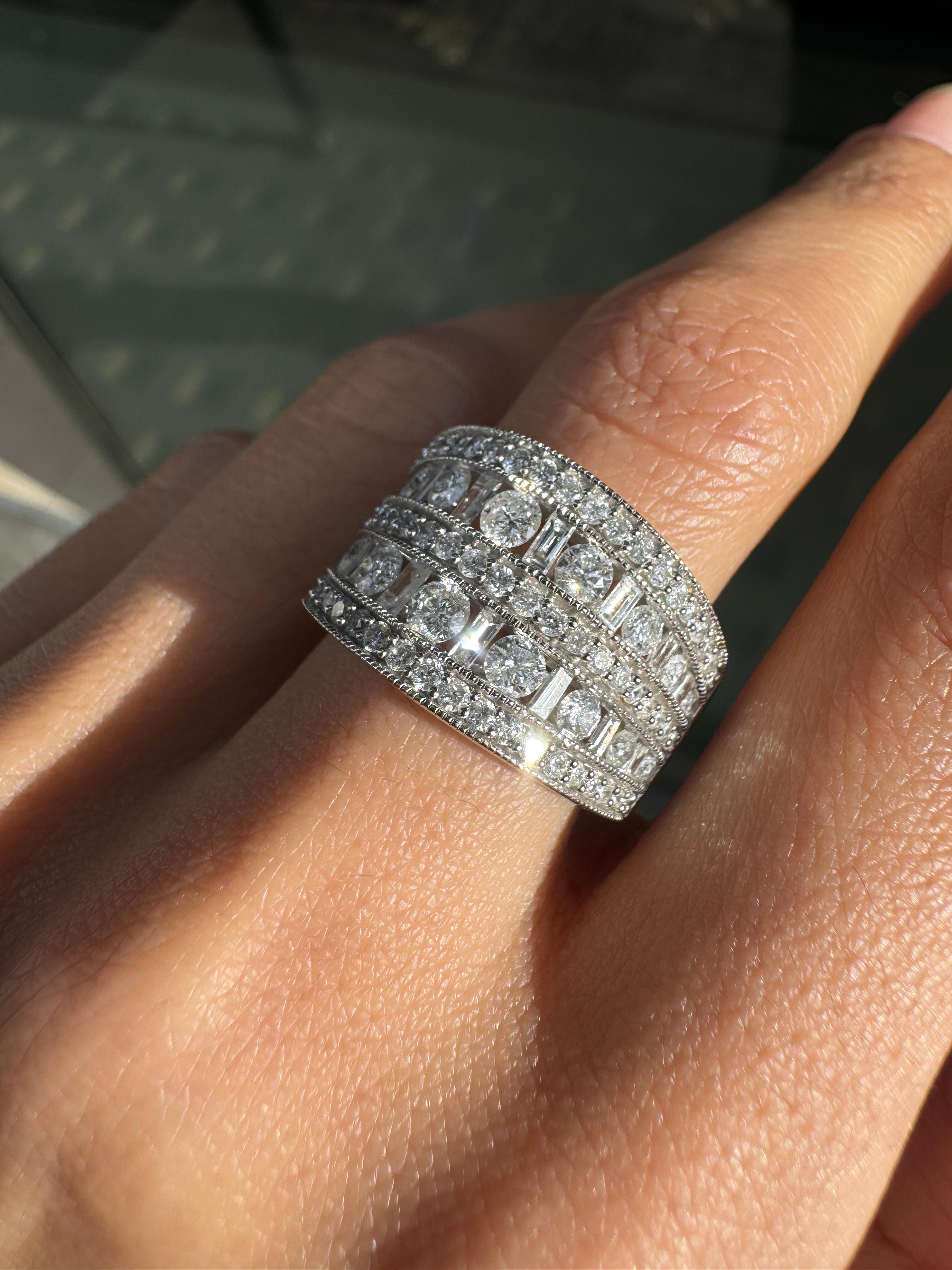 Mixed Cut Diamond 14 Carat White Gold Tapered Wide Band Cocktail Ring For Sale 1