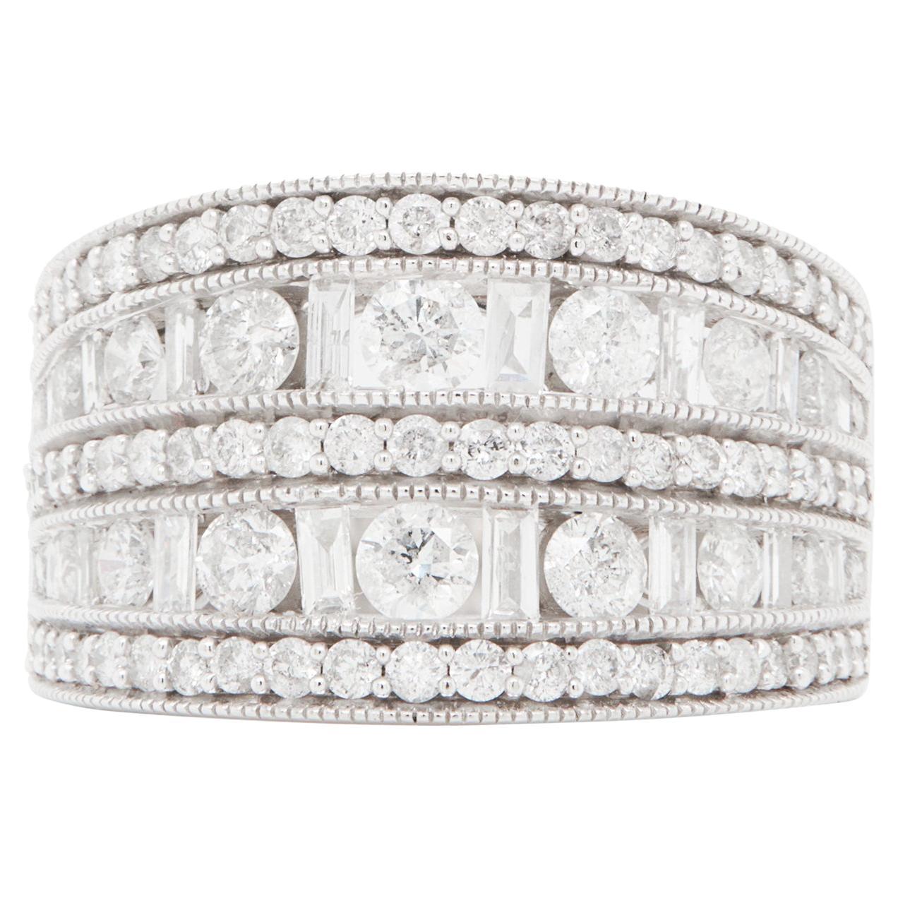 Mixed Cut Diamond 14 Carat White Gold Tapered Wide Band Cocktail Ring For Sale
