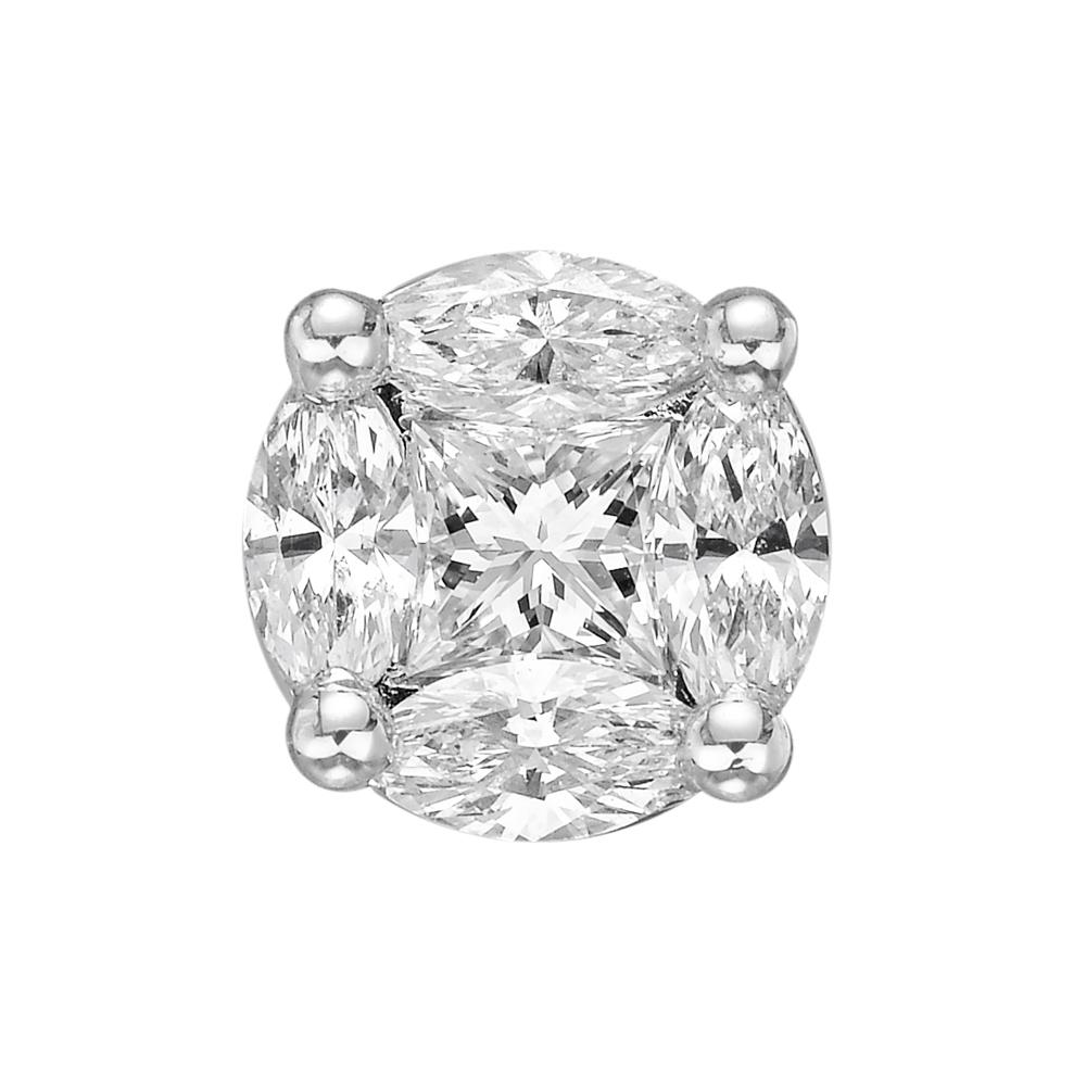 Diamond cluster round-shaped earstuds in 18k white gold, centering on a princess-cut diamond surrounded by four marquise-shaped diamonds. Two princess-cut diamonds weighing 0.24 total carats and eight marquise-shaped diamonds weighing 0.44 total