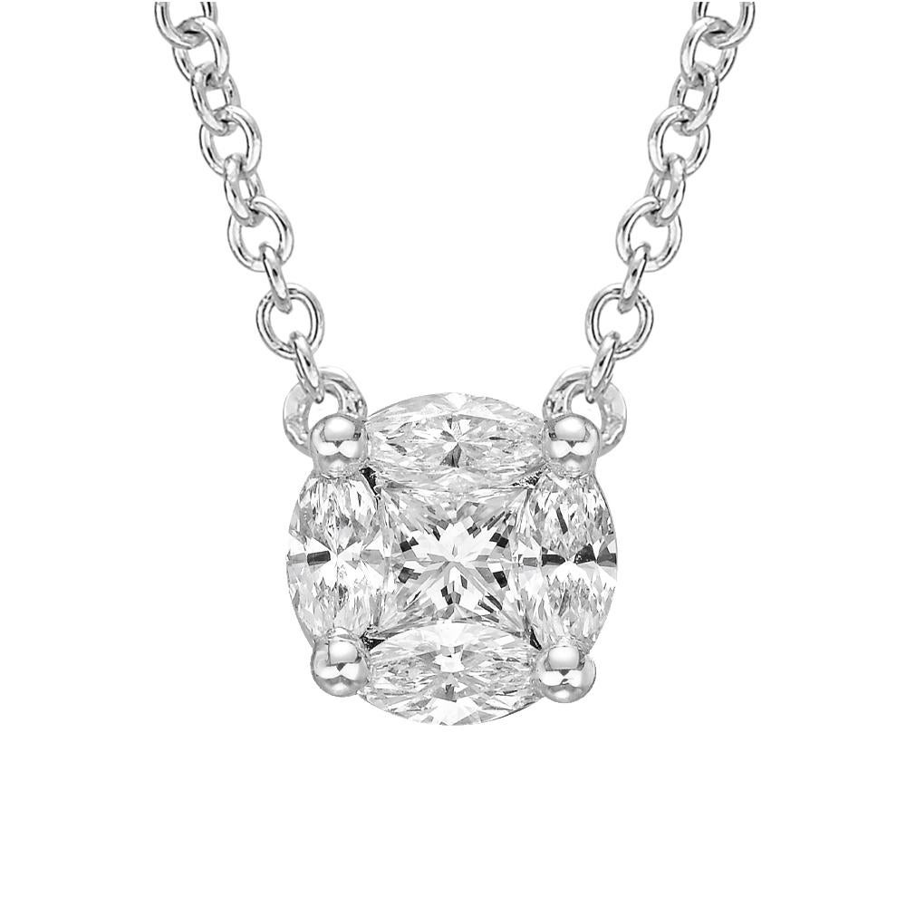 Diamond cluster round-shaped pendant in 18k white gold, centering on a princess-cut diamond weighing 0.12 carats surrounded by four marquise-shaped diamonds weighing 0.22 total carats (the diamonds are all G-H color). Pendant suspended from a 16.75