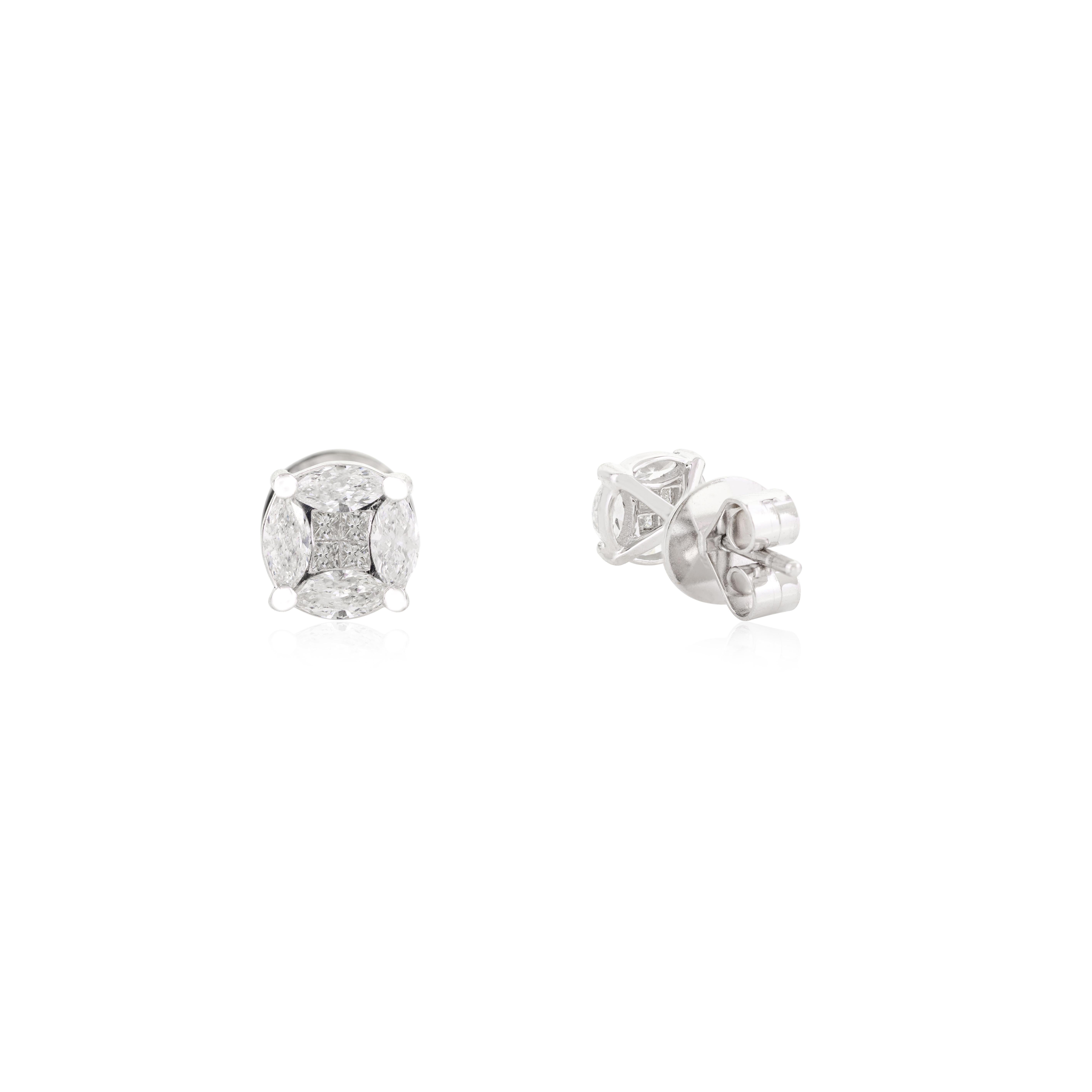 Mixed Cut Diamant-Cluster- Solitär-Ohrstecker mit gemischtem Schliff für sie aus 18 Karat Weißgold (Moderne) im Angebot