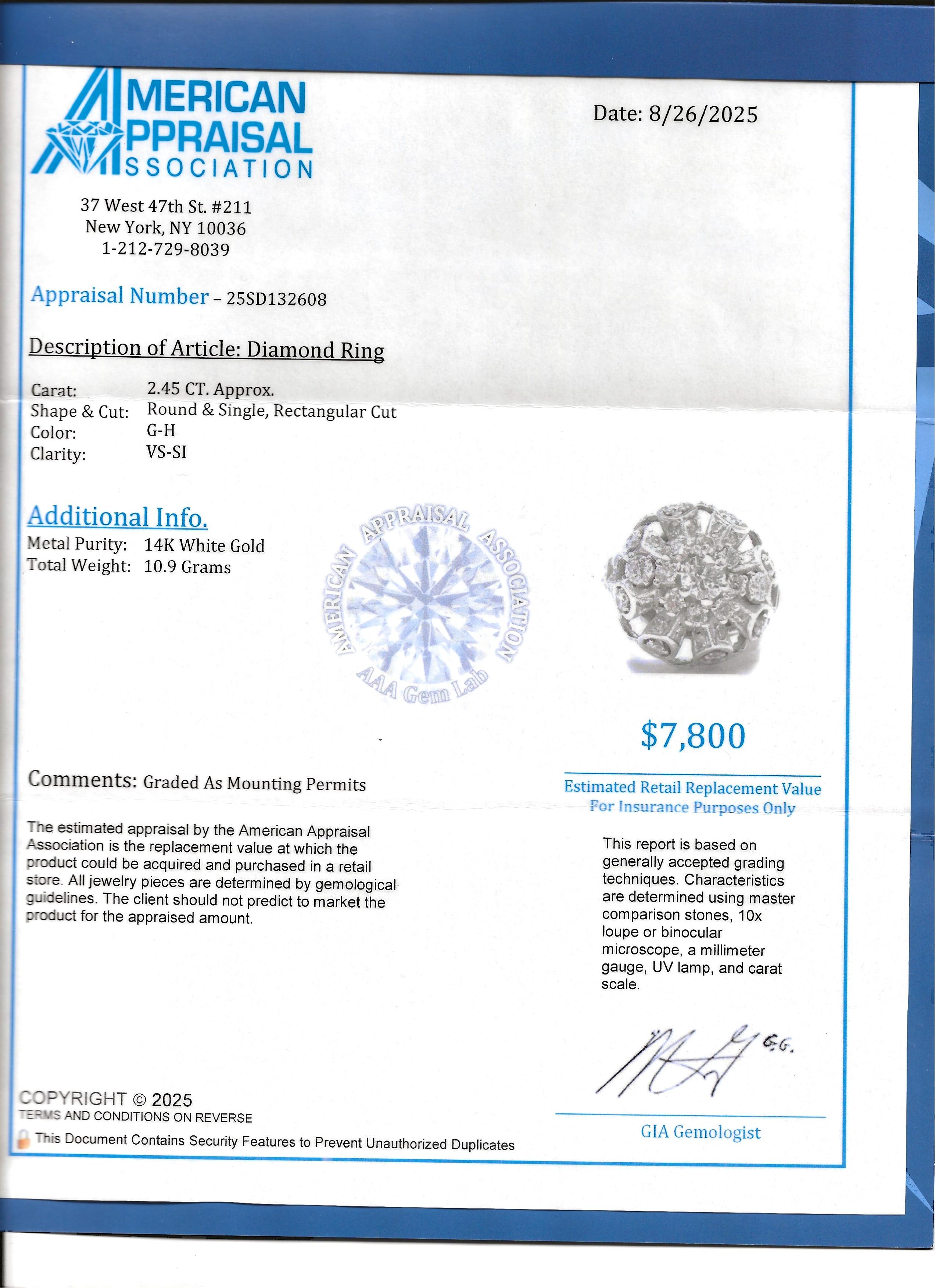 Bague dôme en or blanc 14 carats, diamants taillés en grappe et mixtes en vente 3