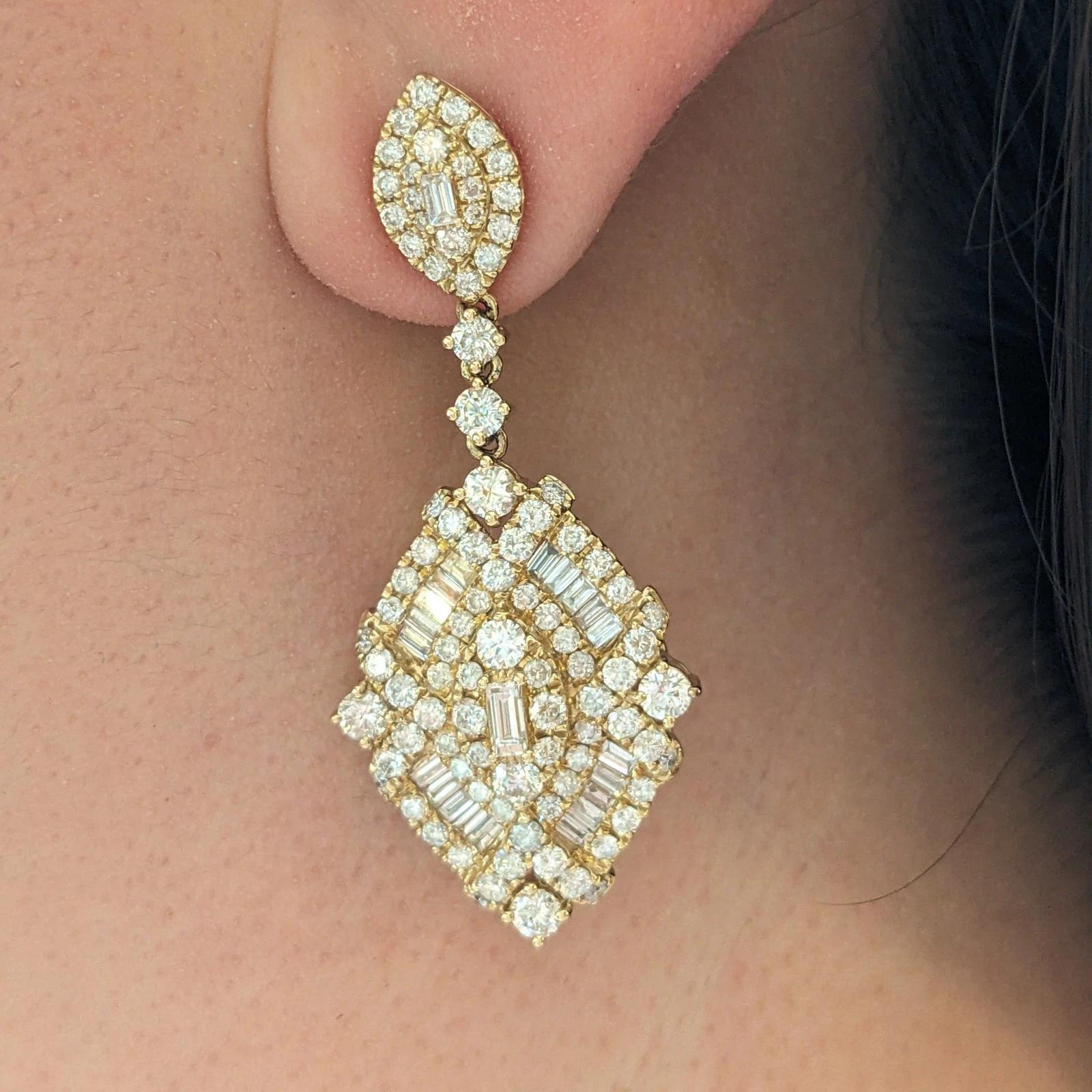 Mixed cut Diamond Dangle Drop Earrings in 14k Yellow Gold 3