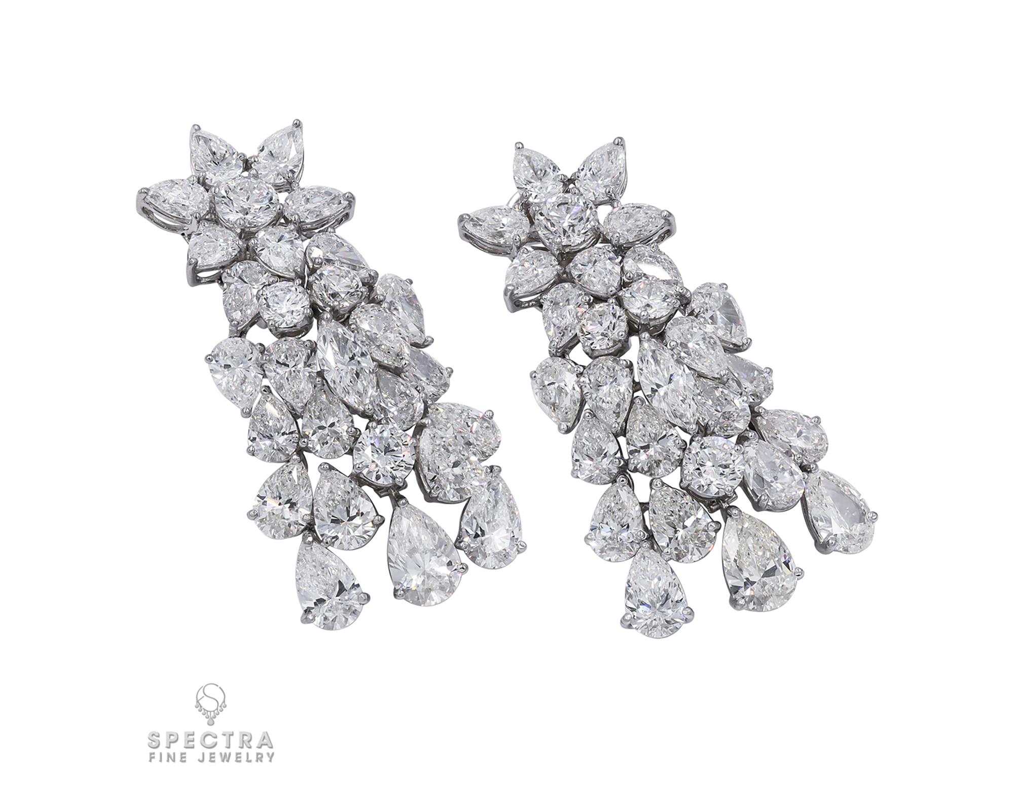 When it comes to diamonds, the more the merrier; with a flower at the top and a cascade of pear-shaped diamonds below that are reminiscent of ice crystal petals, these Platinum and Diamond Drop Earrings, comprised of mixed-cut diamonds weighing an
