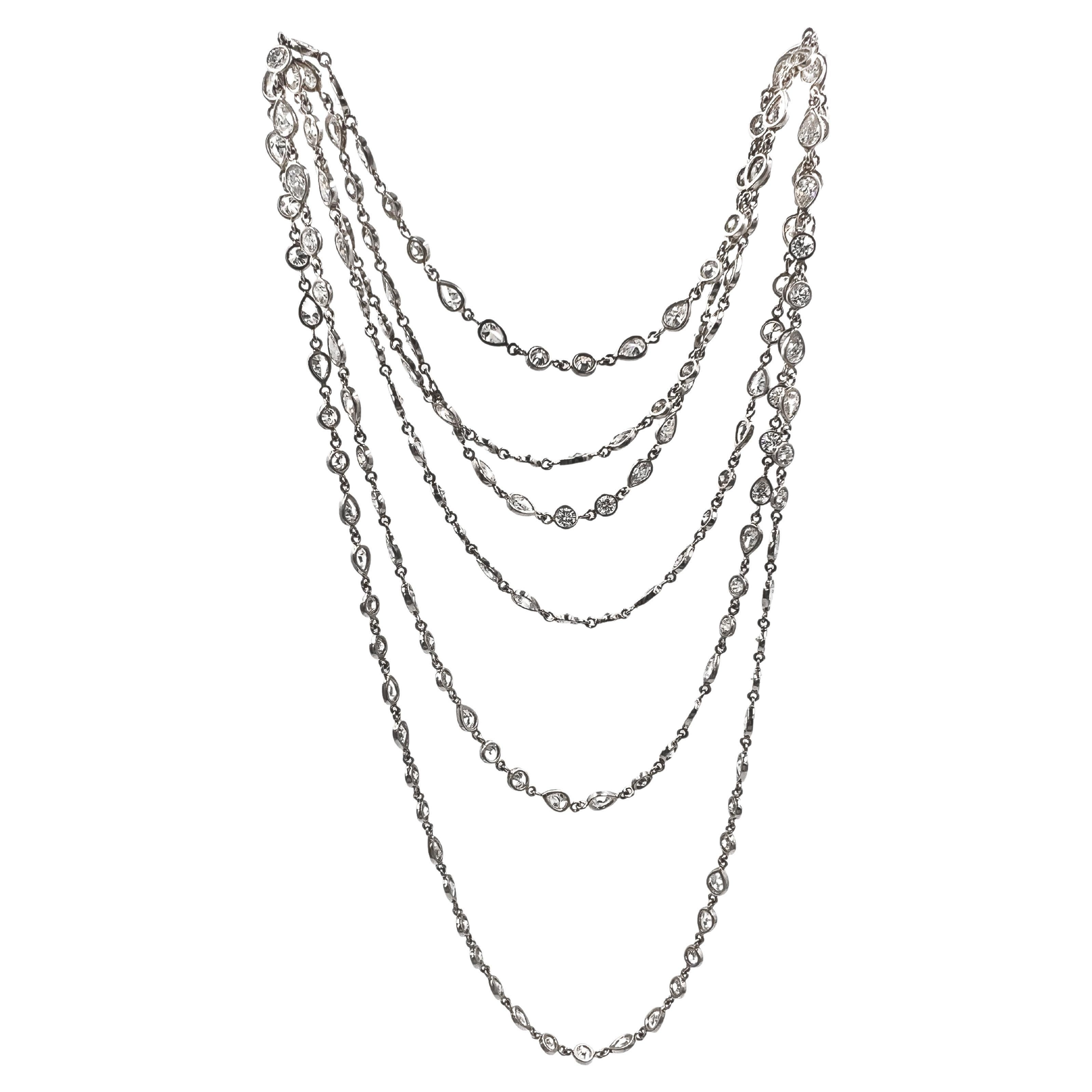 Mixed-Cut Diamond Platinum Long Chain Necklace For Sale