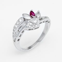 Mixed Cut Diamond Ruby Band Vintage Ring 14k White Gold Estate Fine Jewelry
