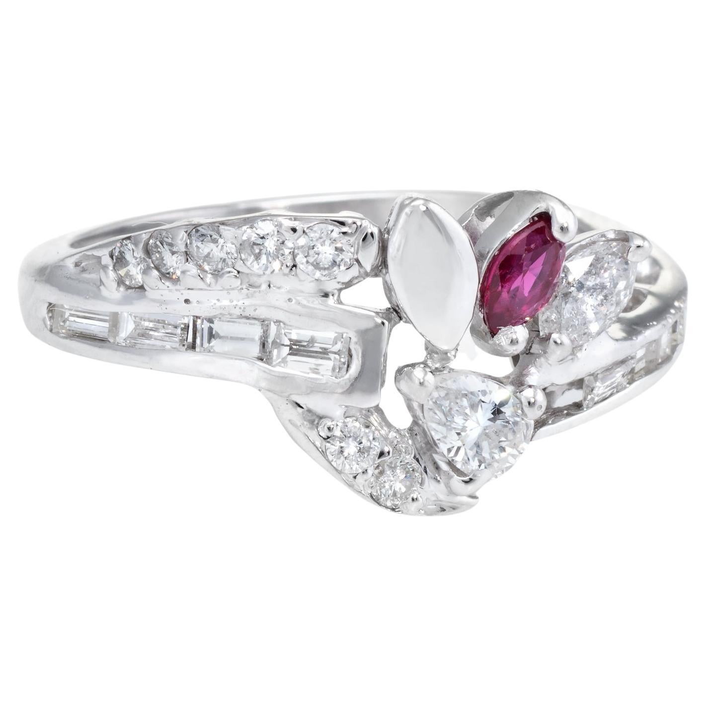 Mixed Cut Diamond Ruby Band Vintage Ring 14k White Gold Estate Fine Jewelry