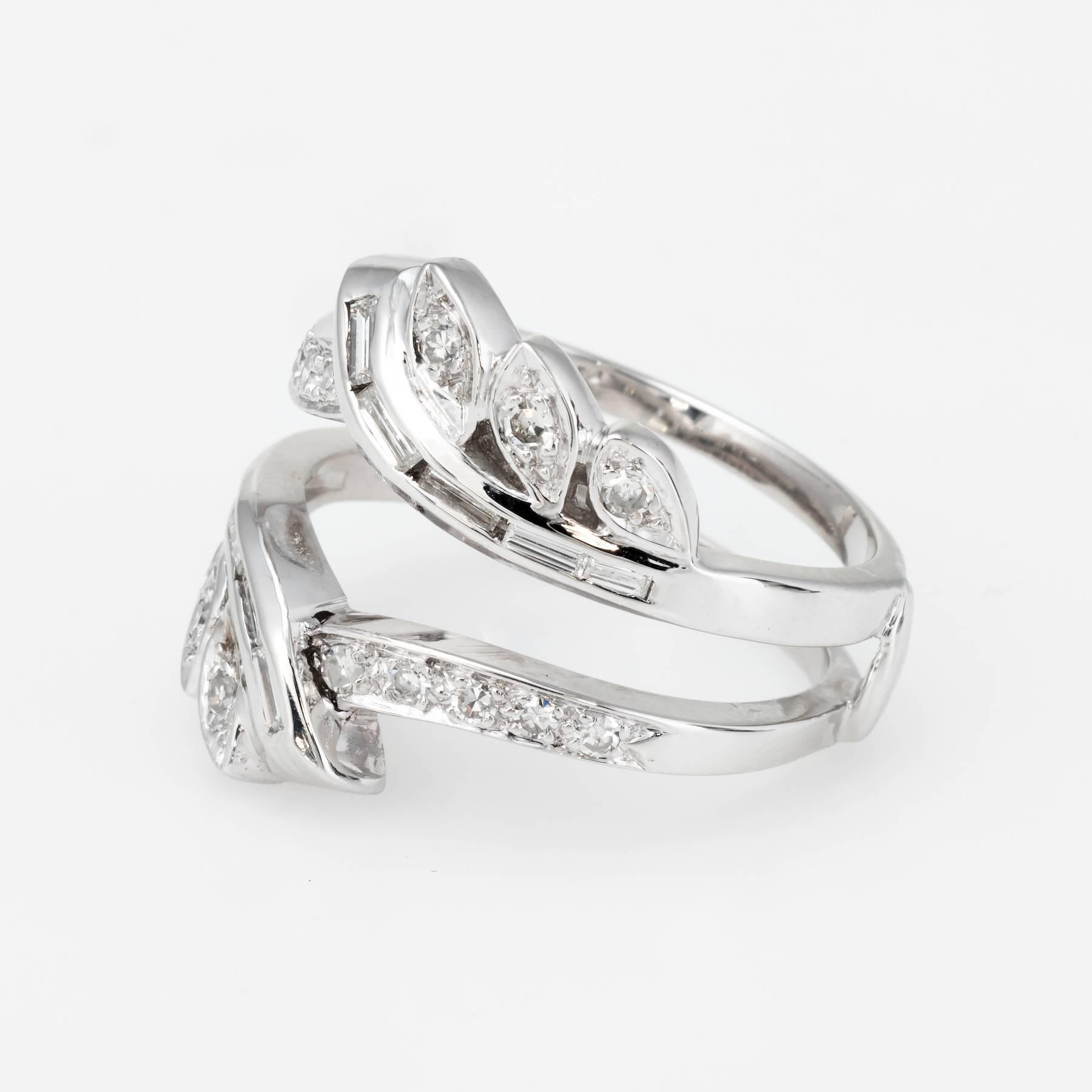Mixed Cut Diamond Wedding Ring Guard Wrap Vintage 14 Karat White Gold Estate 7.5 In Excellent Condition In Torrance, CA