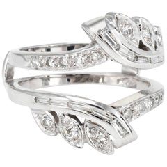 Mixed Cut Diamond Wedding Ring Guard Wrap Vintage 14 Karat White Gold Estate 7.5
