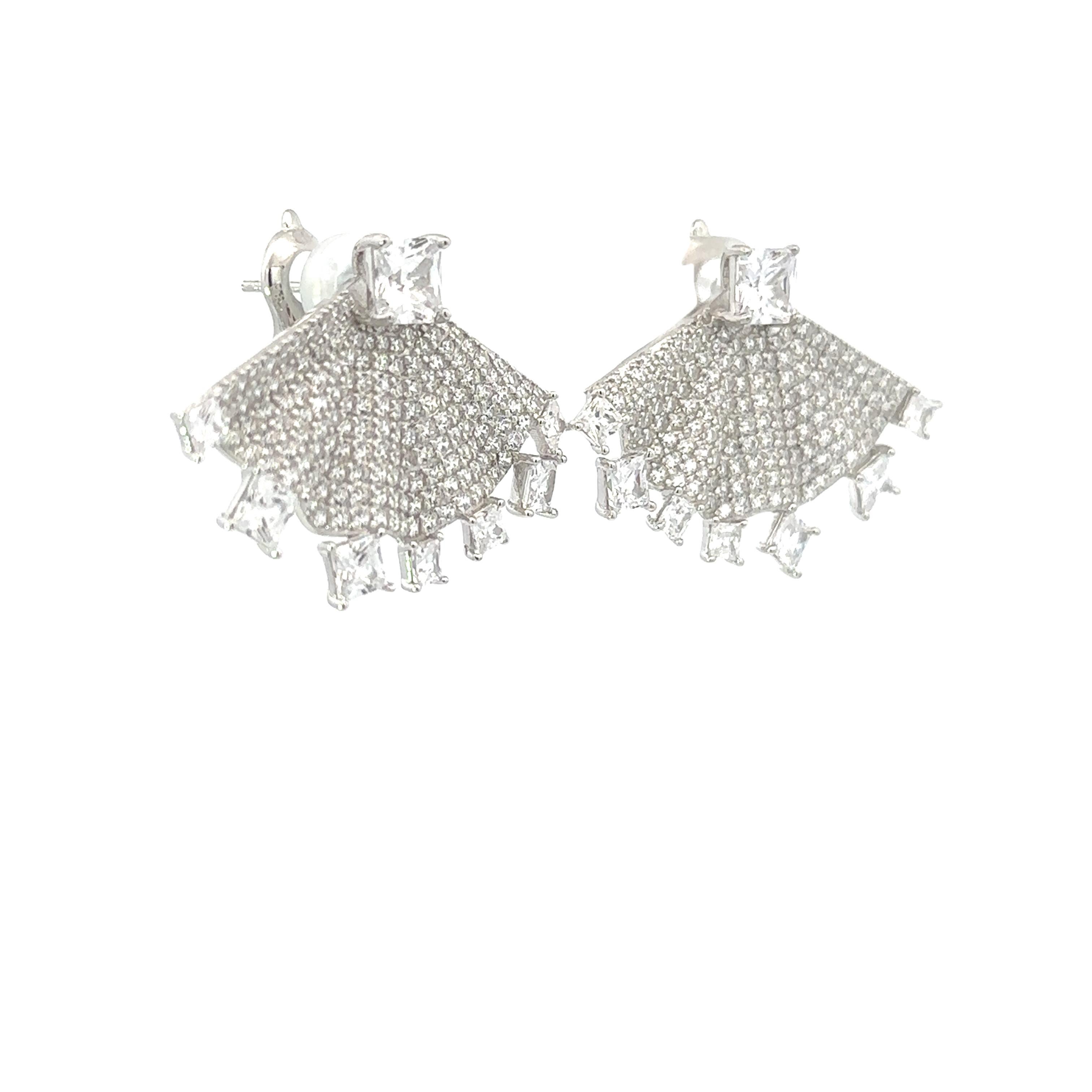 Mixed Cut Fan Sparkling Rhinestone Silver Earrings in sterling silver. You shall need these dangle earrings to make a statement with your look. Each piece features dazzling cubic zirconia stones, renowned for their brilliance and clarity, set in