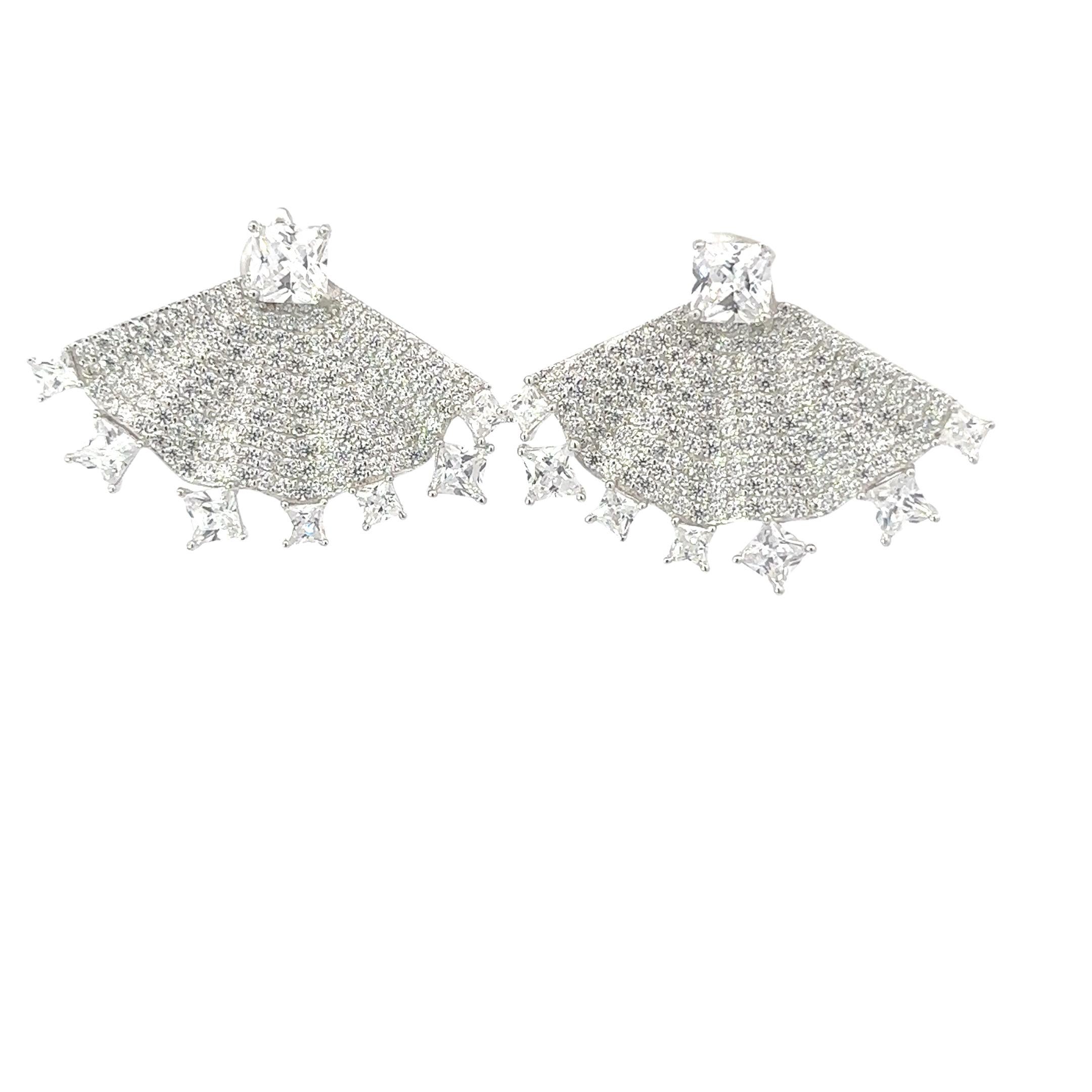 Women's Mixed Cut Fan Sparkling Rhinestone Silver Earrings for Wedding Jewelry Gift For Sale