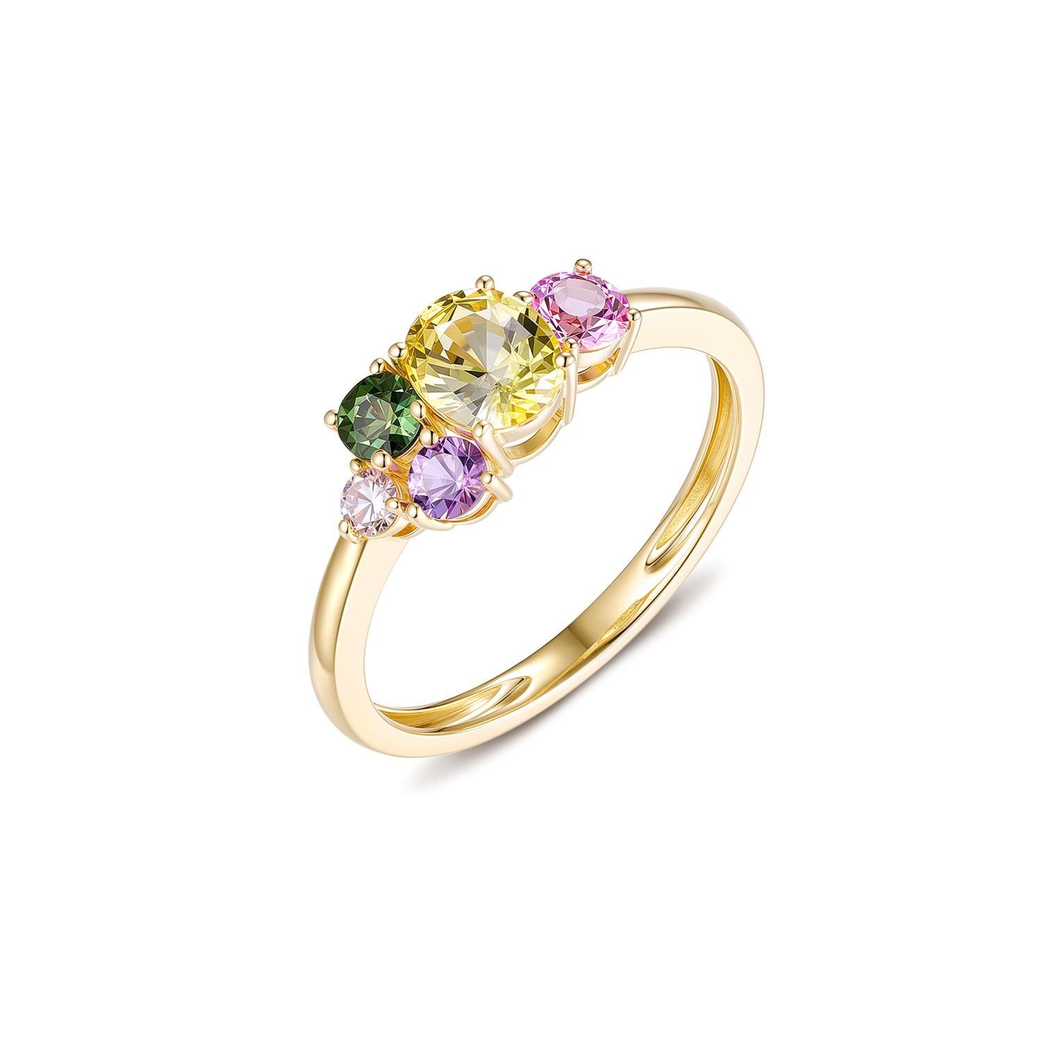 Art déco Bague fantaisie en or jaune 14 carats avec saphirs tailles mixtes et diamants en vente