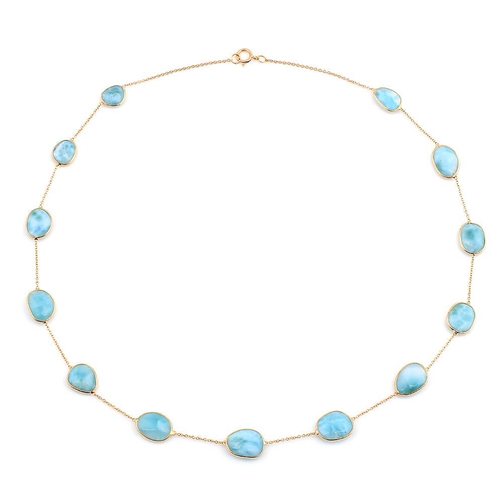 A Mixed-Cut Genuine Larimar 18k Yellow Gold Necklace. The stone weight is 33.05 carats. The total weight of the necklace is 10 grams.
The length of the necklace is 17.50