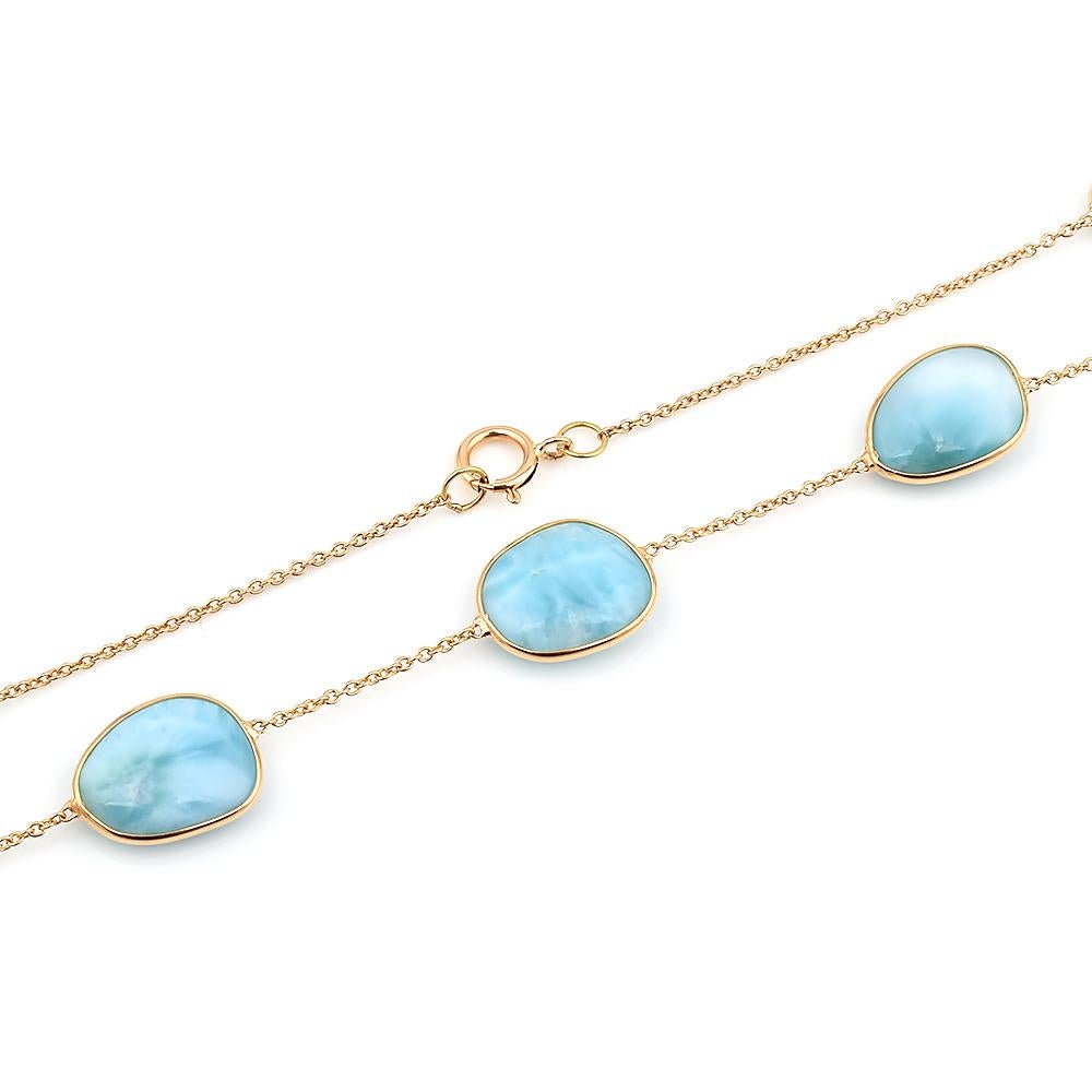 Women's or Men's Mixed-Cut Genuine Larimar 18k Yellow Gold Necklace