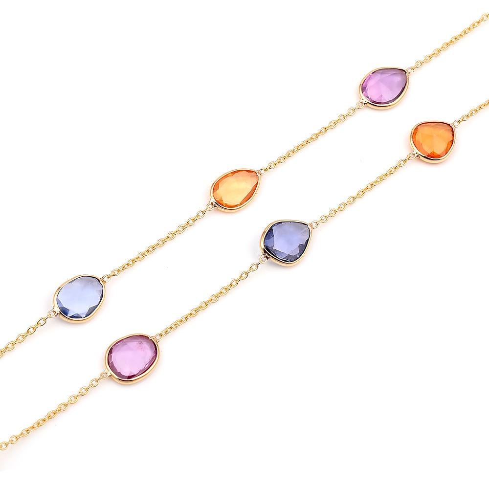 Women's or Men's Mixed-Cut Genuine Multi-Sapphire 18k Yellow Gold Necklace