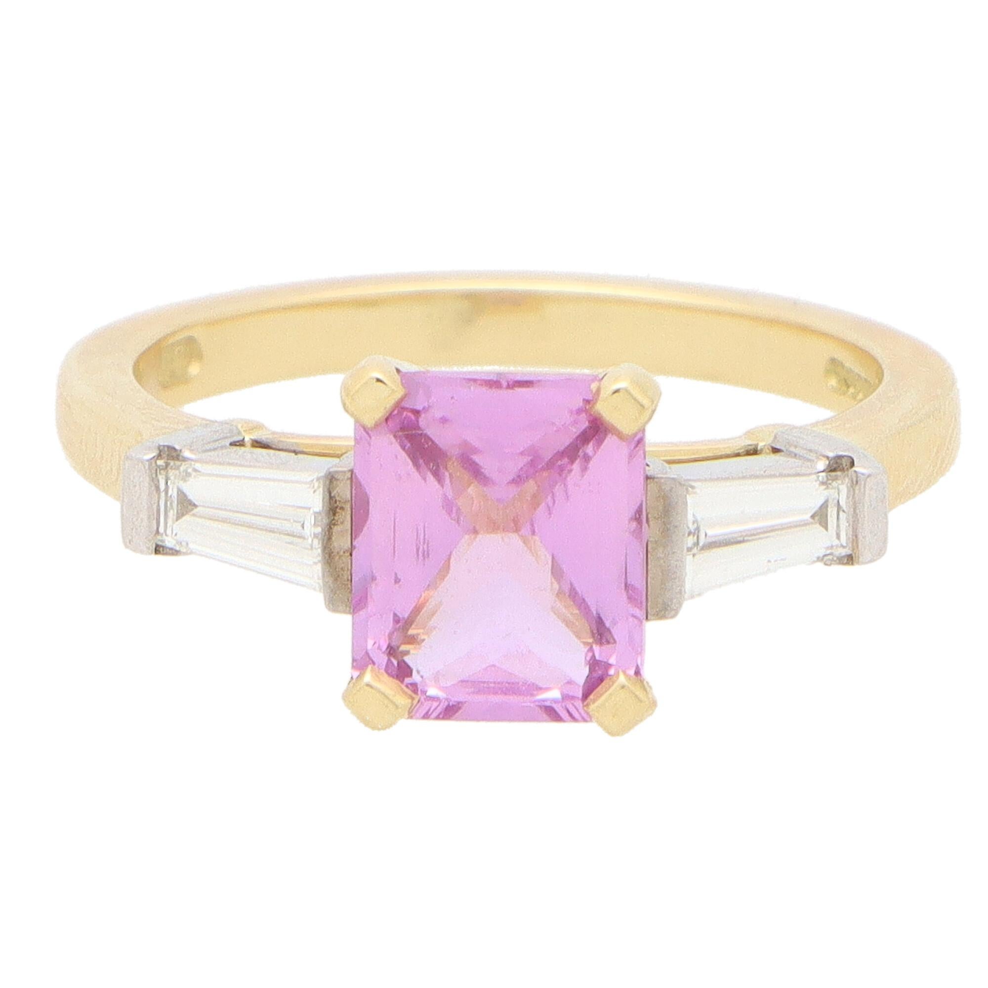 Modern Mixed Cut Pink Sapphire and Diamond Three Stone Ring Set in Gold and Platinum For Sale