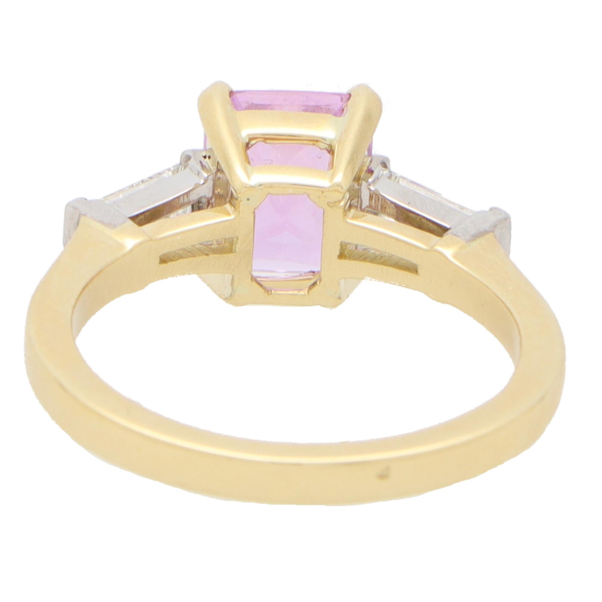 Women's or Men's Mixed Cut Pink Sapphire and Diamond Three Stone Ring Set in Gold and Platinum For Sale