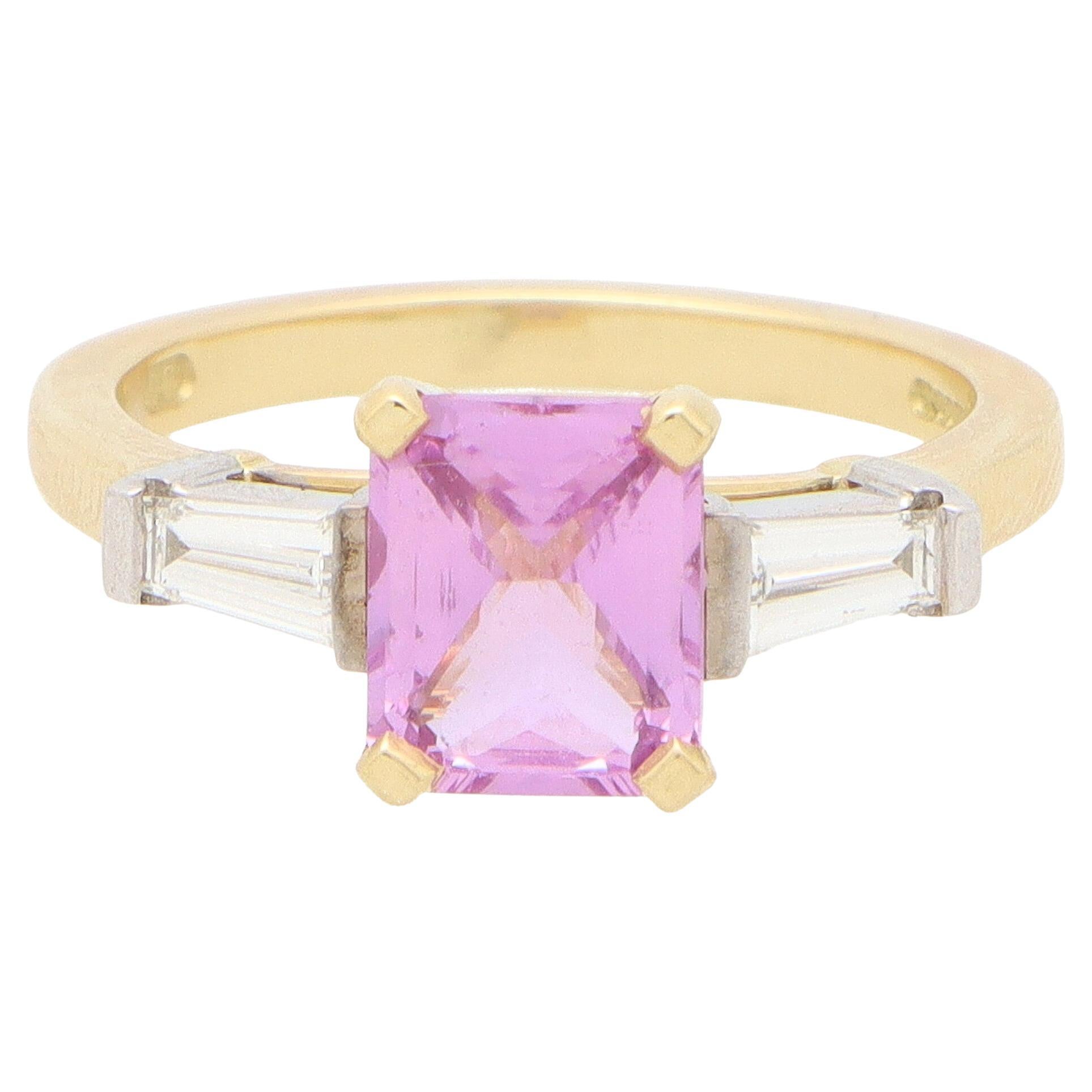 Mixed Cut Pink Sapphire and Diamond Three Stone Ring Set in Gold and Platinum For Sale