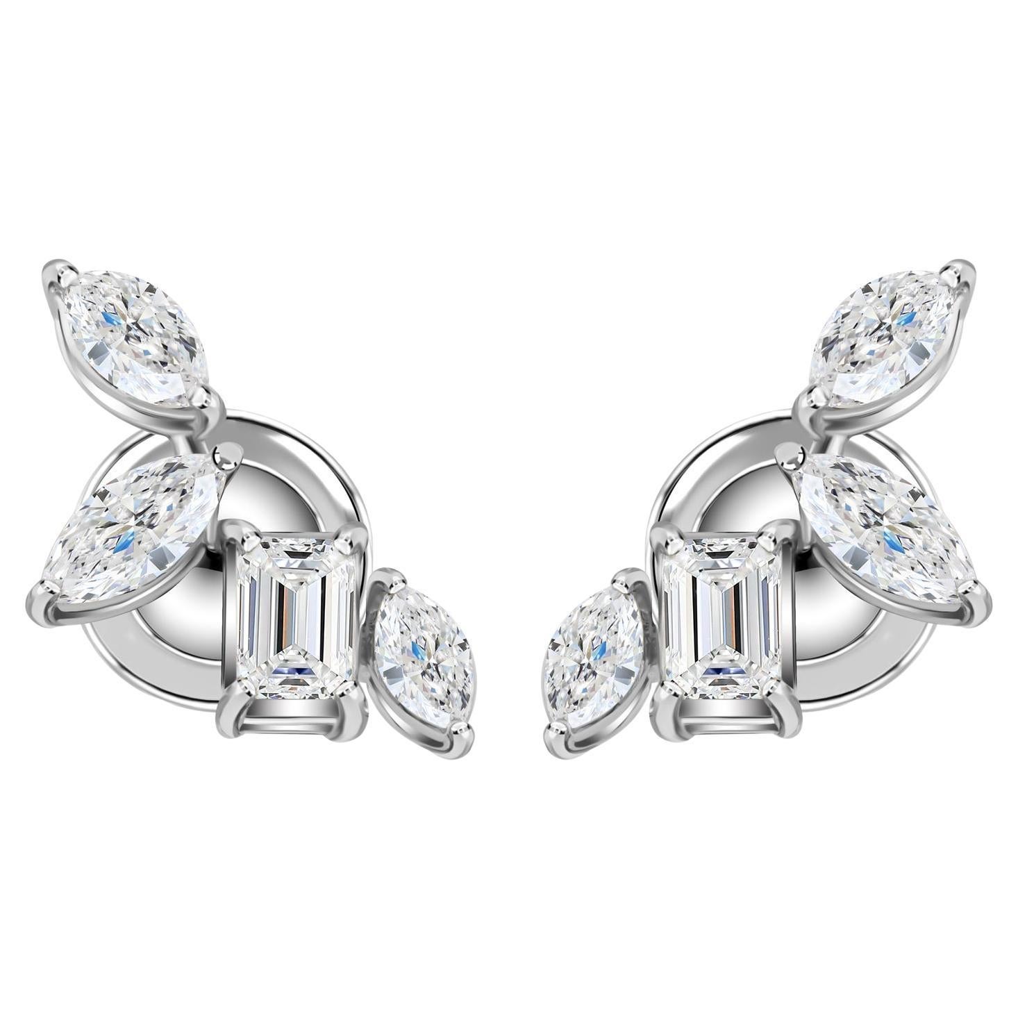 Multi-Cut Diamond Cluster Stud Earrings with Emerald & Marquise Diamond 18K Gold