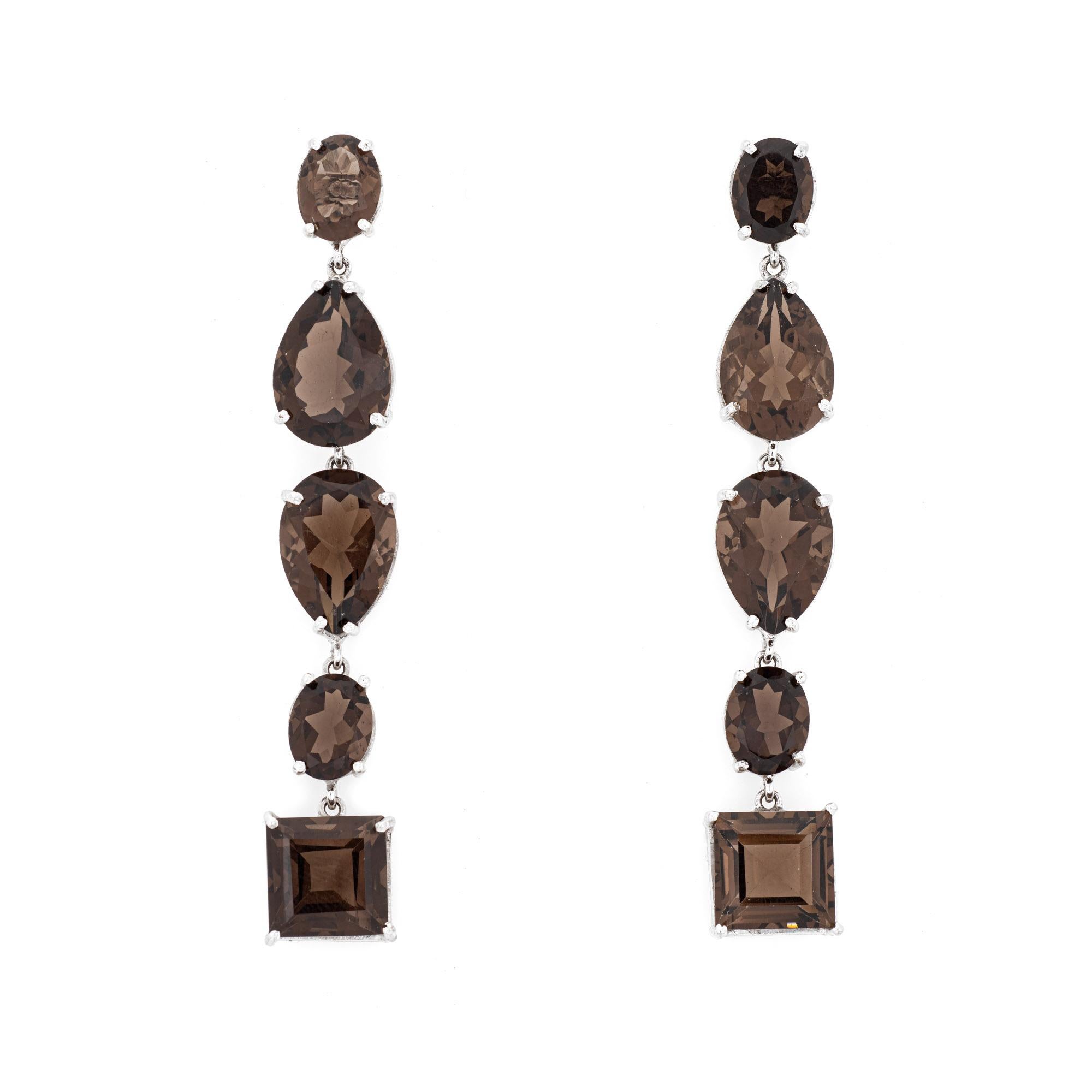 Mixed Cut Smoky Quartz Drop Earrings Estate 14k White Gold Drops Jewelry In Good Condition In Torrance, CA