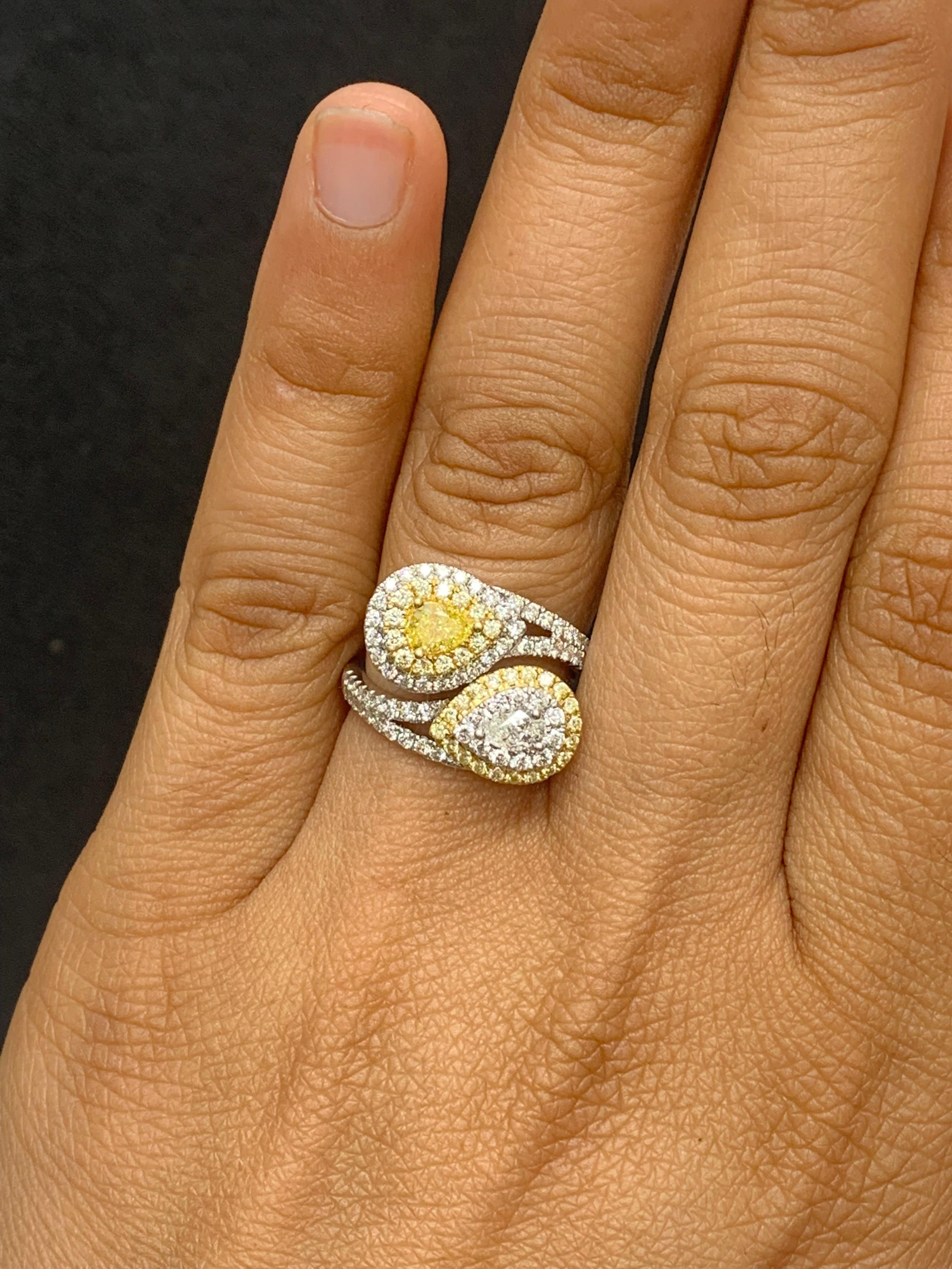 Bague Toi et Moi en or mixte 18 carats, diamant blanc et jaune en vente 6