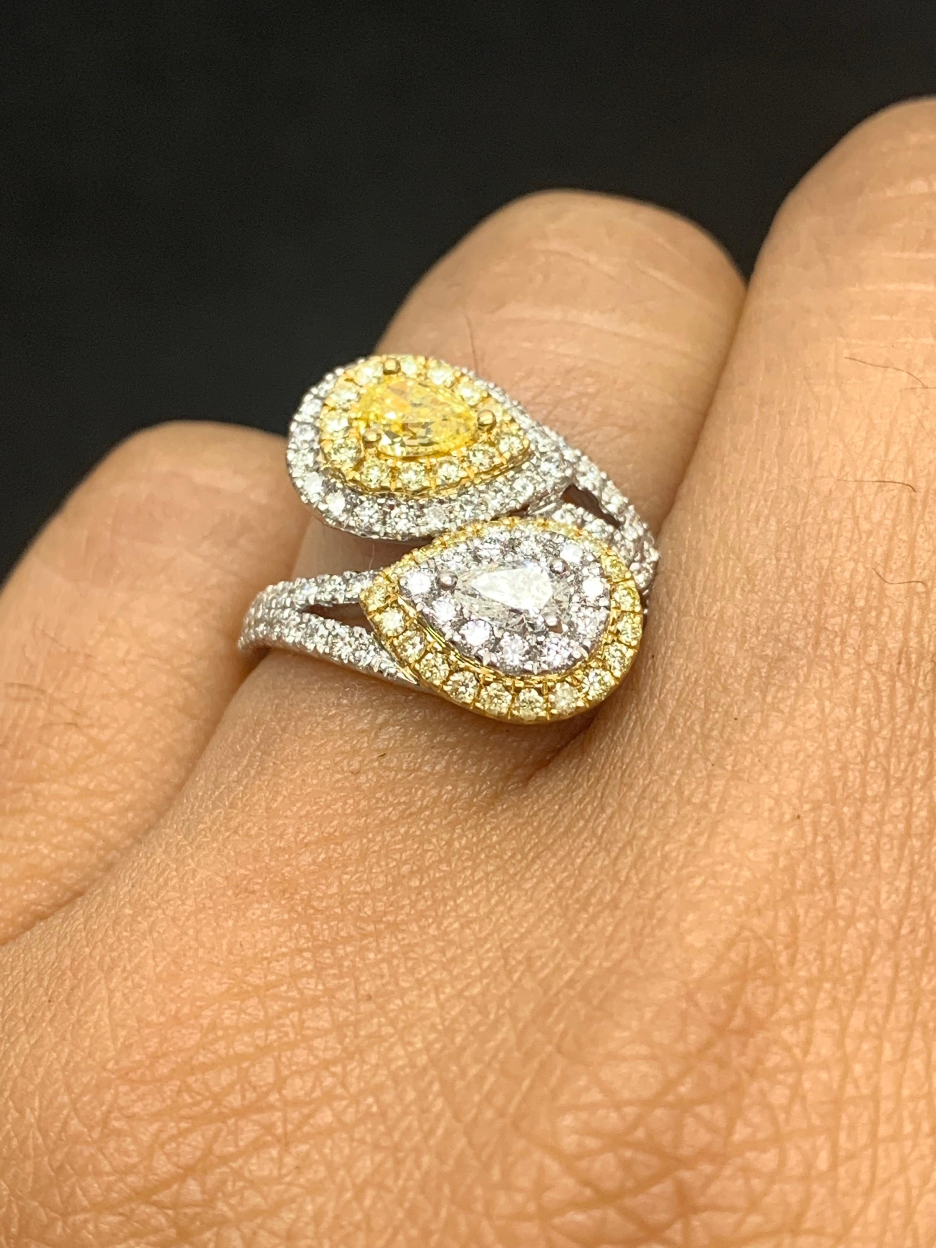 Bague Toi et Moi en or mixte 18 carats, diamant blanc et jaune Pour femmes en vente