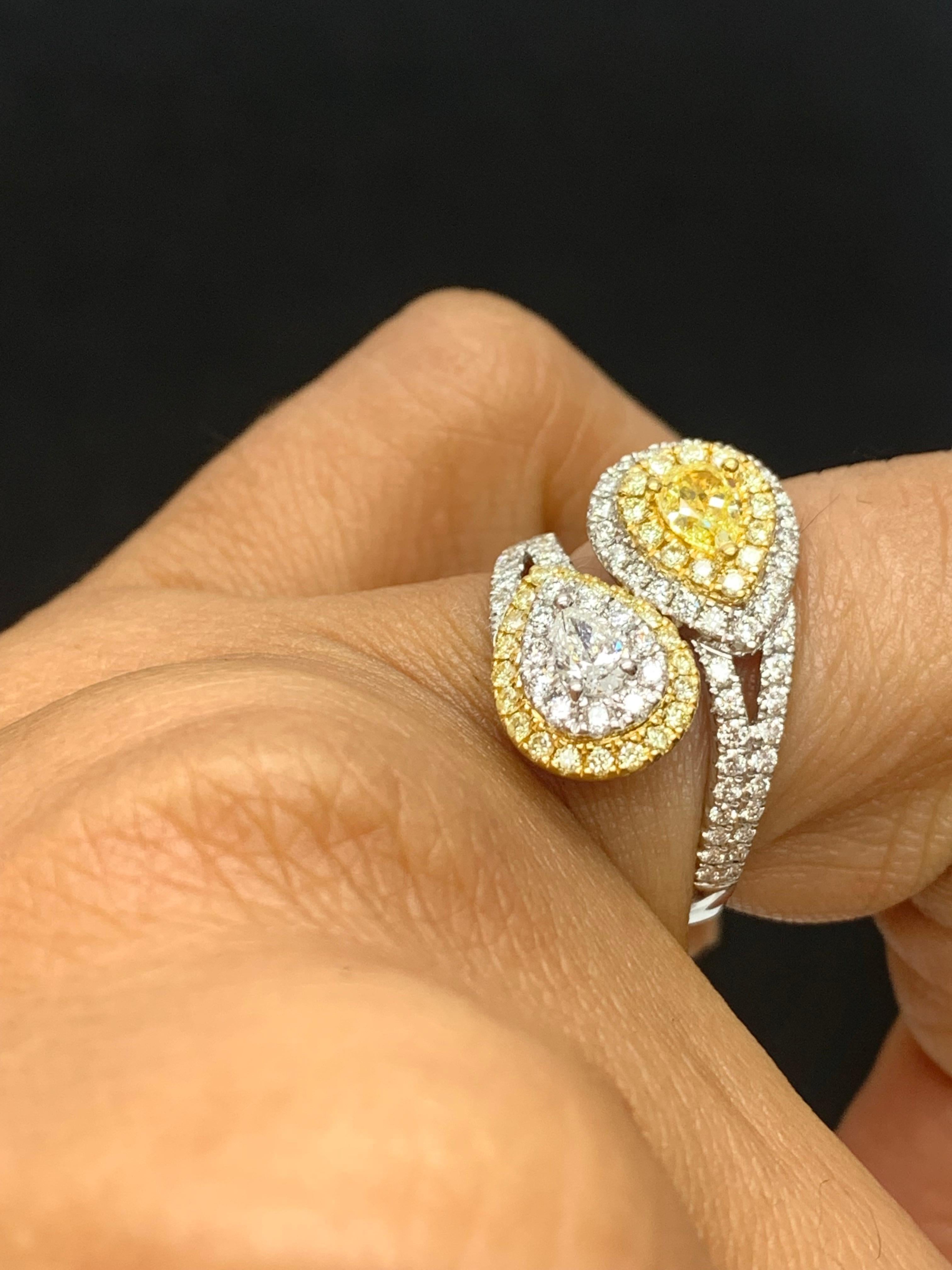 Bague Toi et Moi en or mixte 18 carats, diamant blanc et jaune en vente 1