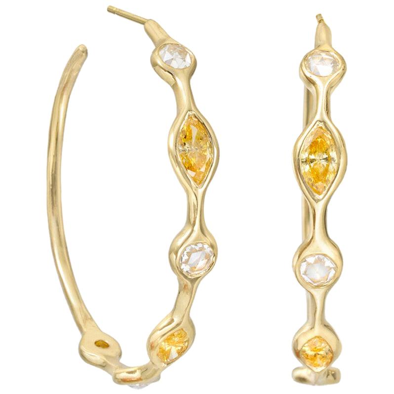 Mixed-Cut Yellow and White Diamond Hoop Earrings For Sale