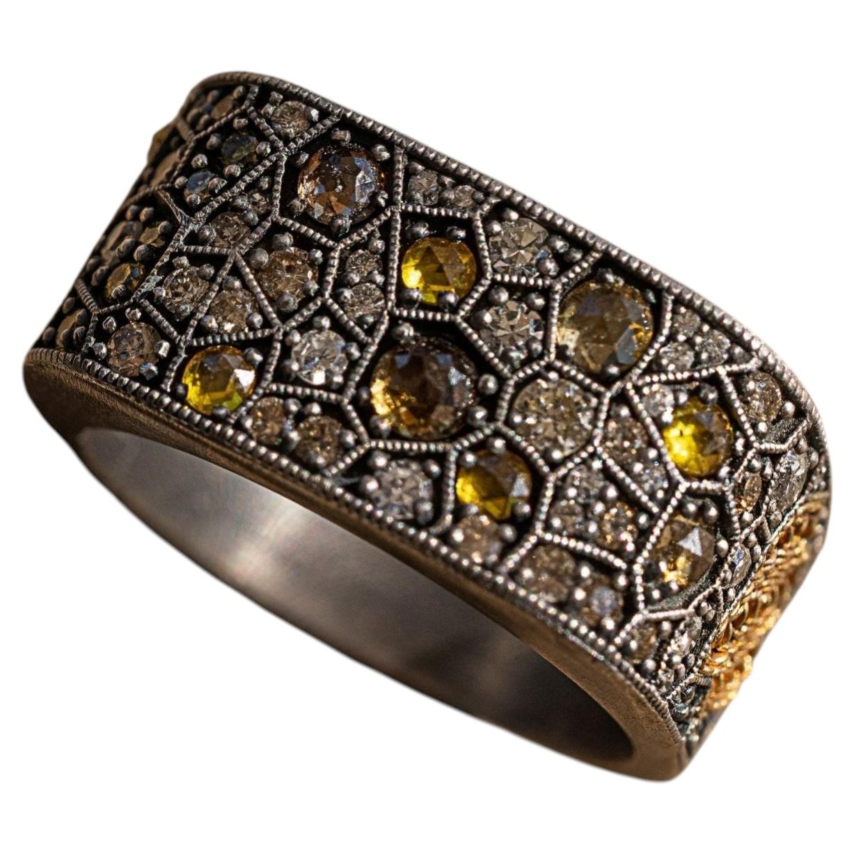 Mixed Euphrates Turtle Diamond Filigree Ring in Sterling Silver and Fine Gold For Sale