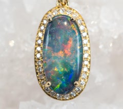 Mixed Fire Australian Black Opal Doublet Diamond Halo 14K Yellow Gold Pendant