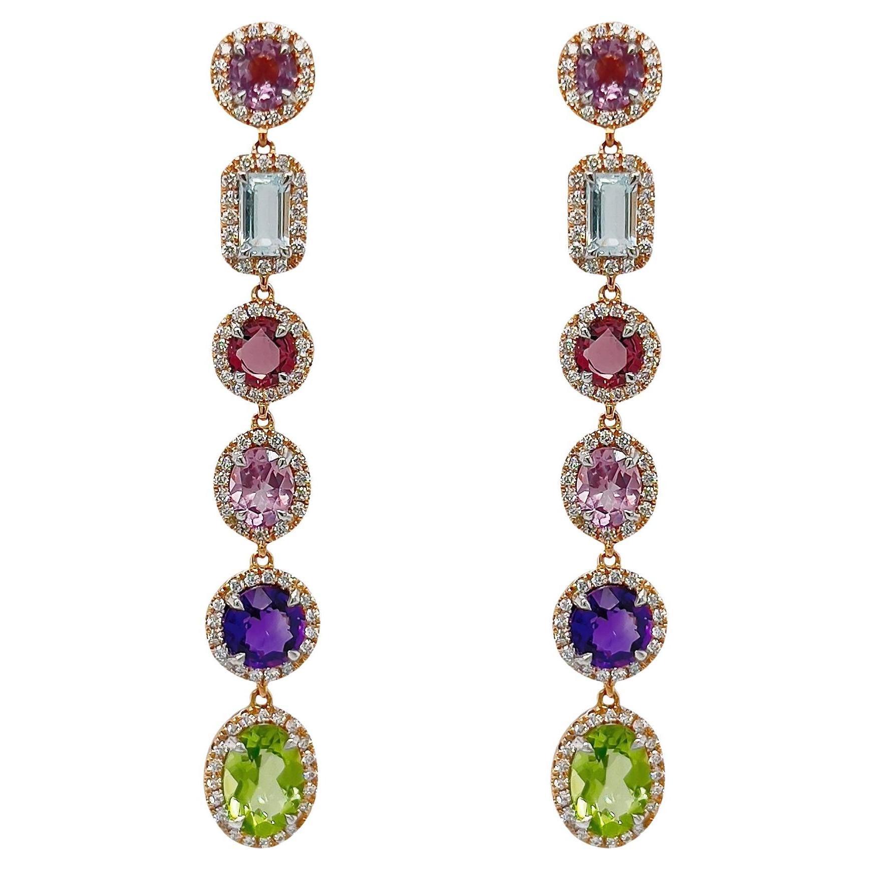 Mixed Gemstone Earrings in 18k Rose Gold and Diamonds For Sale