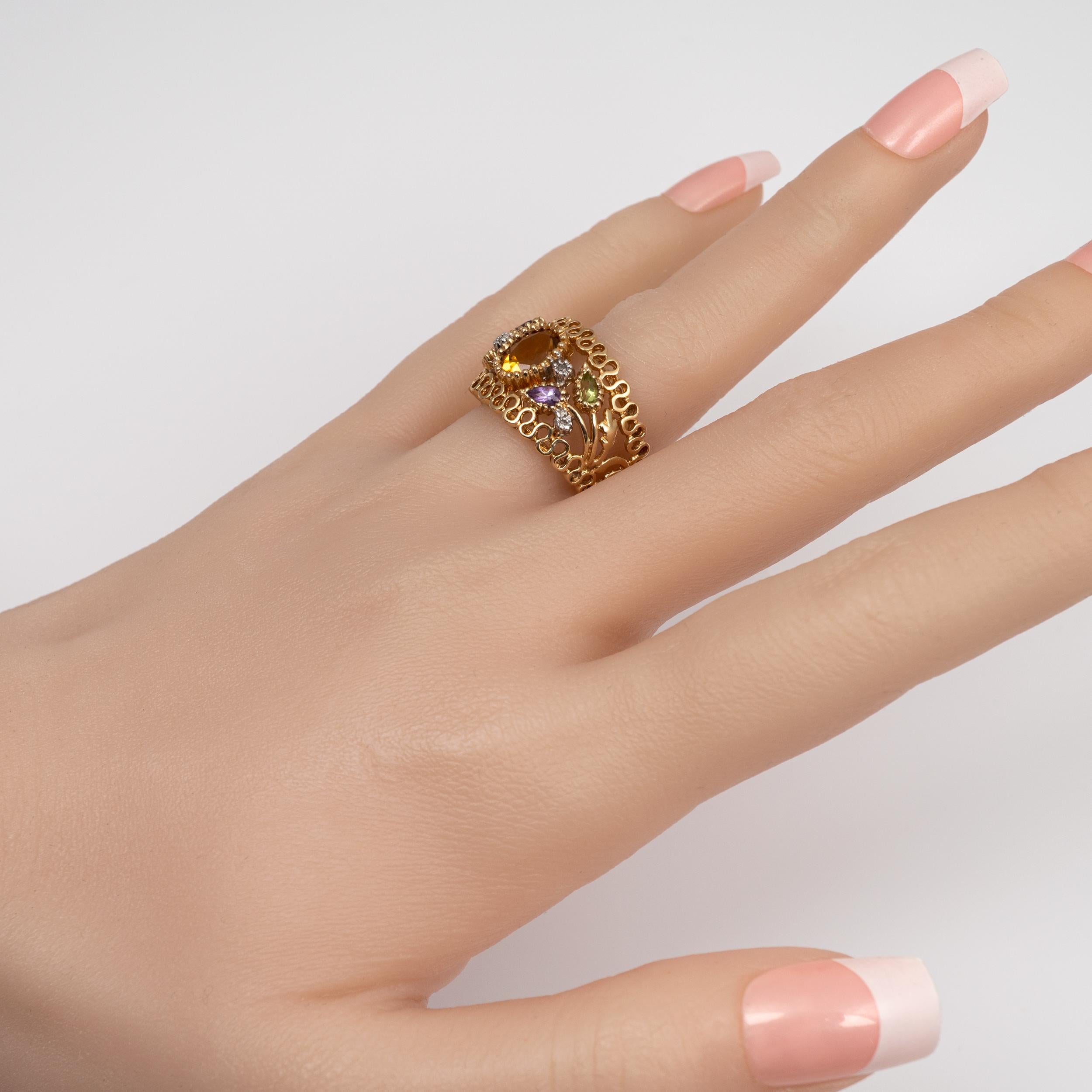 Mixed Gemstone Open Flower Bombe Cocktail Ring 14 Karat Gold With Pleated Edges For Sale 2